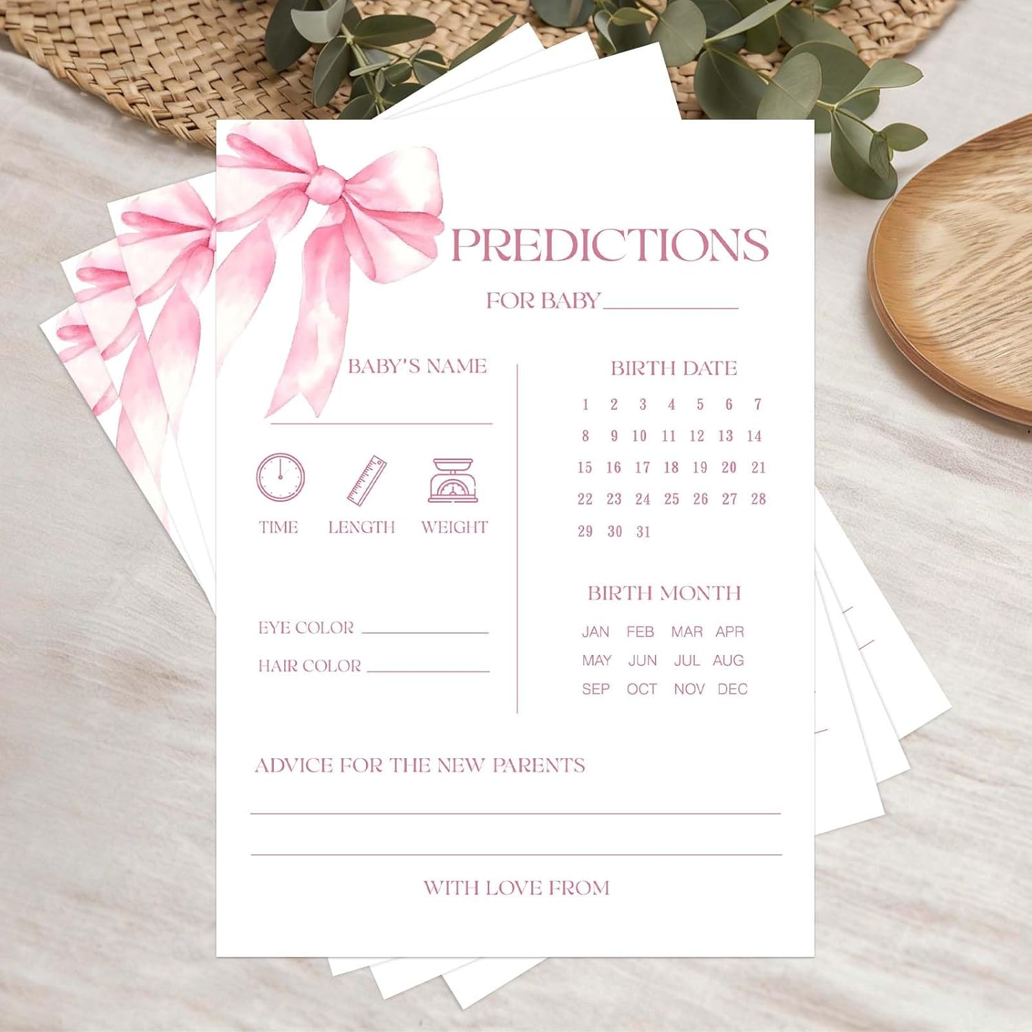 Baby Predictions and Advice Cards - Pink Bow Baby Shower - Girl Gender Neutral Party Decoration Supplies -A05