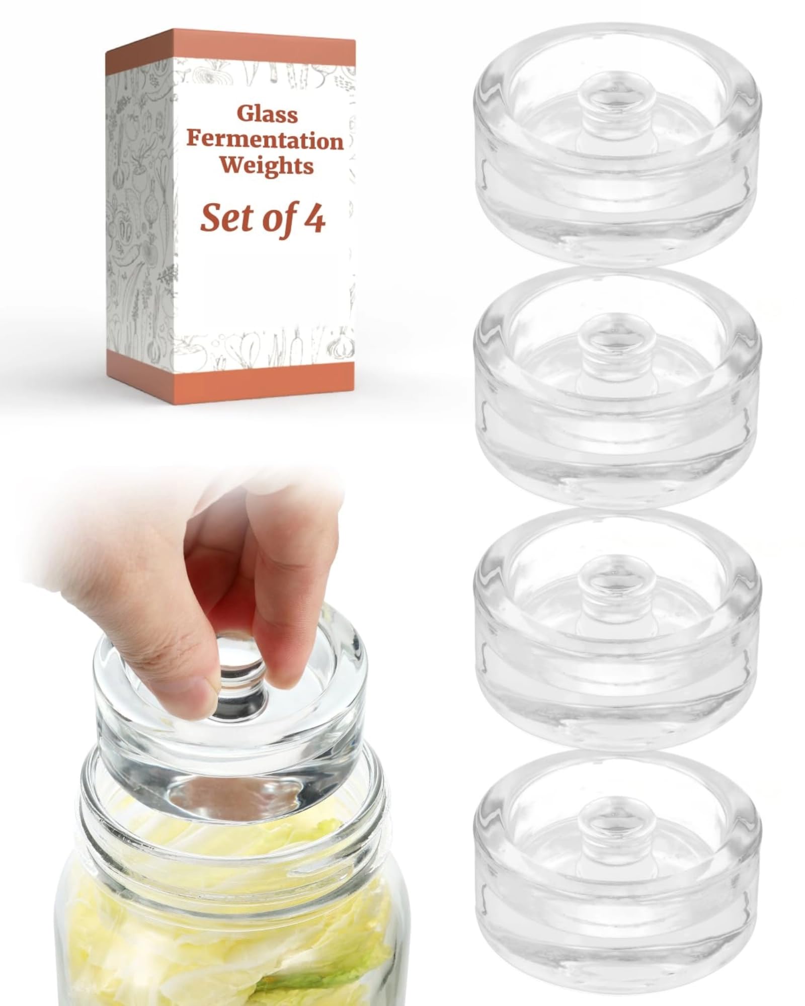 THE WHITE SHOP Fermentation Glass Weights with Easy Grip Grooved Handles Heavy Fermenting Lids Kit For Wide Mouth Mason Jar (Glass Weight-4Pcs)