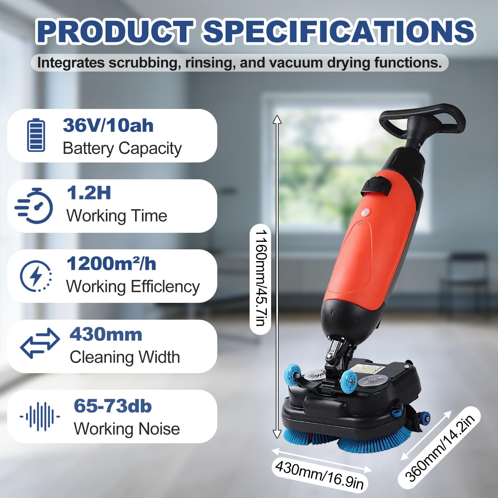 Lavapavimenti A Batteria, Macchina Professionale per La Pulizia dei Pavimenti da 43 Cm (17"), 3 in 1: Lavaggio E Asciugatura, Batteria Ricaricabile da 36 V/10 Ah. White