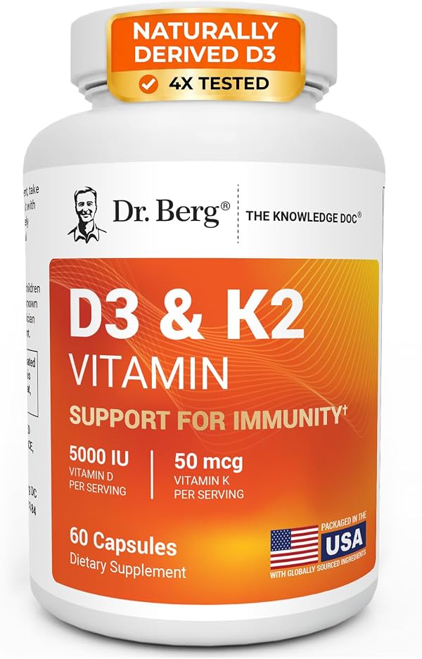 Dr. Berg Vitamina D3 K2 7 en 1 5000 UI | D3 de origen natural | probado y verificado 4 veces en laboratorio | fórmula de alta absorción | suplemento vitamínico K2 D3 | 60 cápsulas (Paquete de 1)