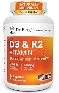 Dr. Berg Maximum Strength 7-in-1 Vitamin D3 K2 5000 IU | Naturally Derived D3 | 4X Lab-Tested & Verified | High Absorption Formula | K2 D3 Vitamin Supplement | 60 Capsules