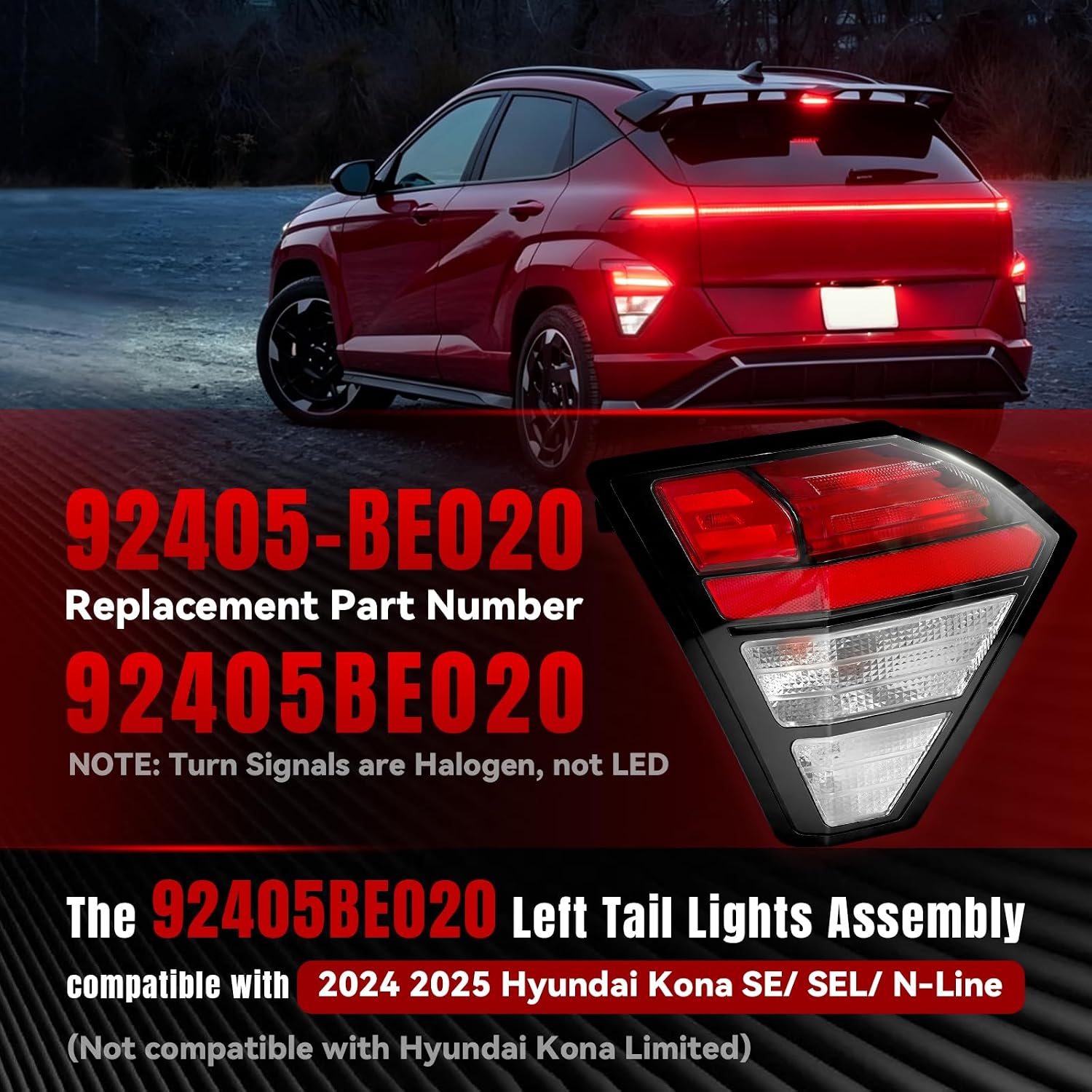 92405-BE020 Tail Lights Assembly Left Driver Side Fit for 2024 2025 Hyundai Kona SE/SEL/N-Line Halogen Turn Signal, LED Brake Running Reverse Side Marker Light image 2