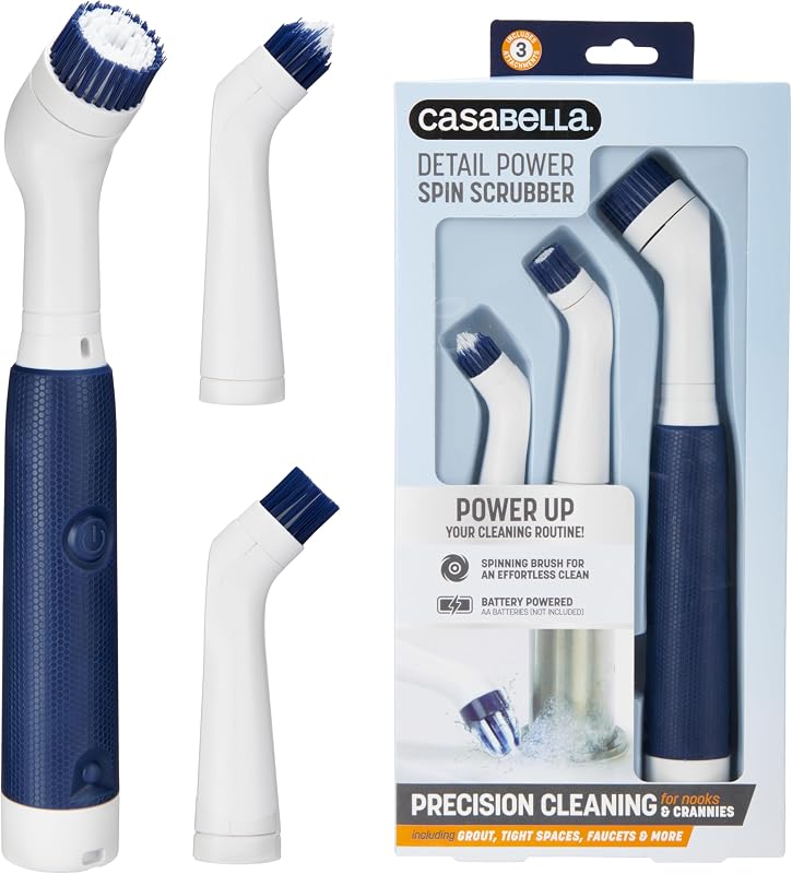 Casabella - Fregadora manual con detalles giratorios, funciona con pilas AA, 3 cabezales de cepillo, color blanco