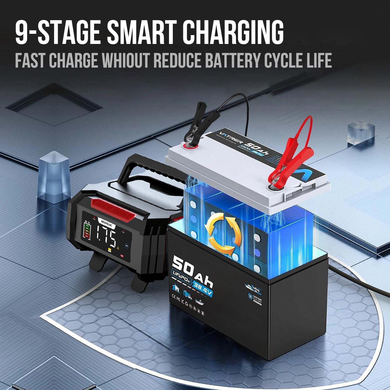 NEXPEAK Battery Charger LCD screen showing mode selection