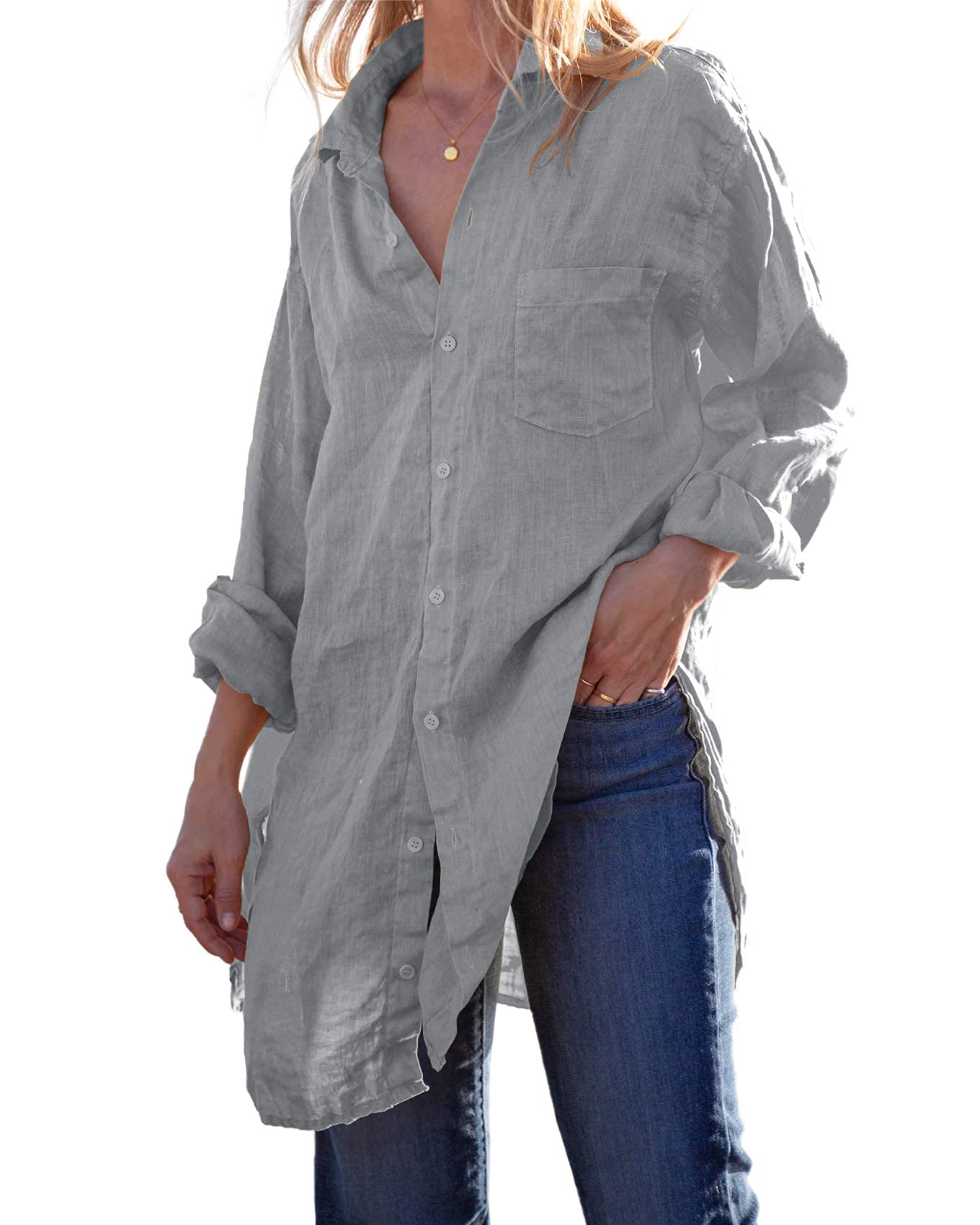 Runcati Womens Button Down Shirts Linen Cotton Long Sleeve Blouse Tunic Tops Cover Up Shirt Loose Beach Bikini Dress