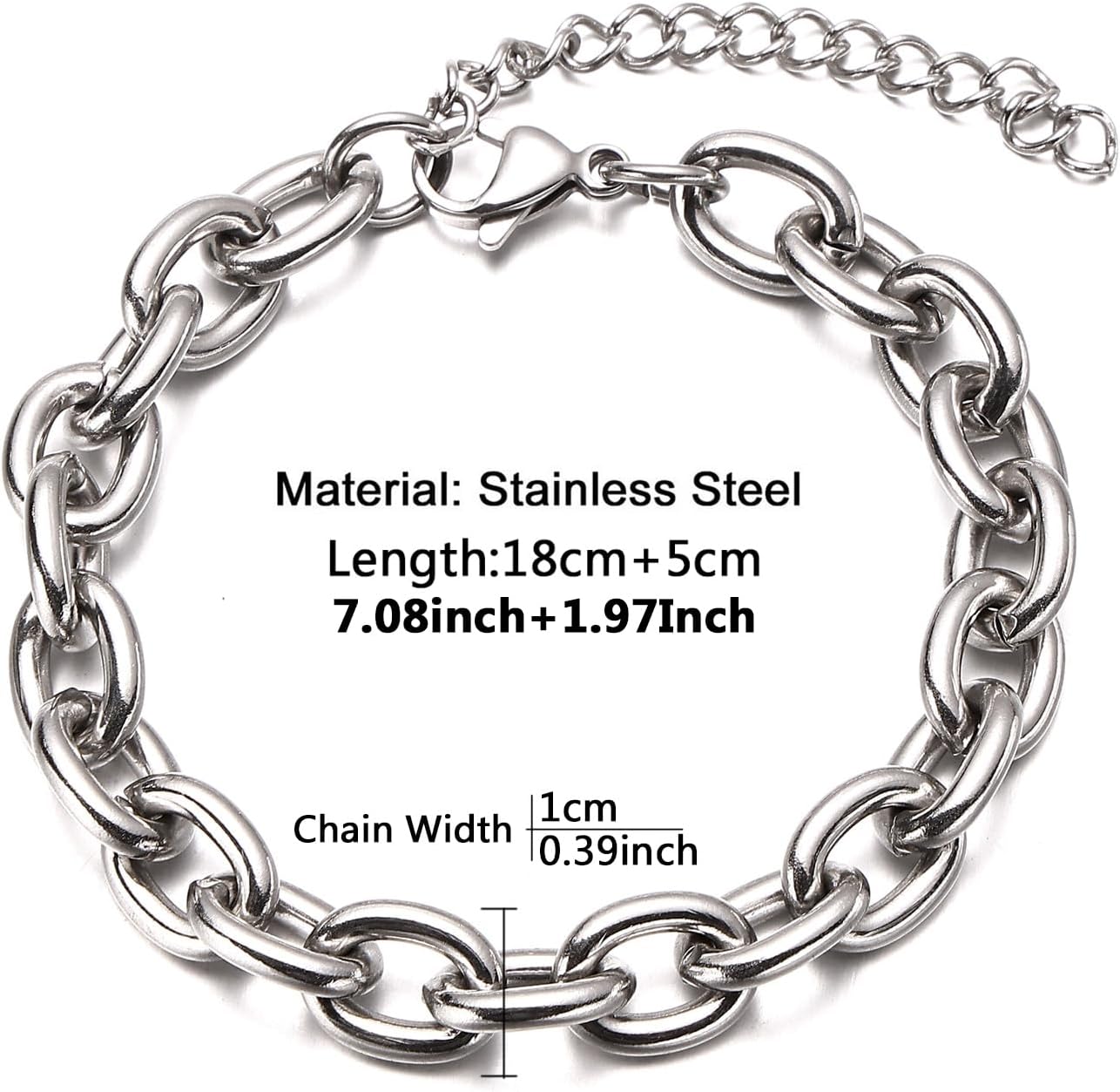 WangGao Stainless Steel Cable Chain Link Chunky Bracelets Wide Cuban Curb Link Bracelet for Women Men and Unisex Adults Adjustable Chain - Image 2