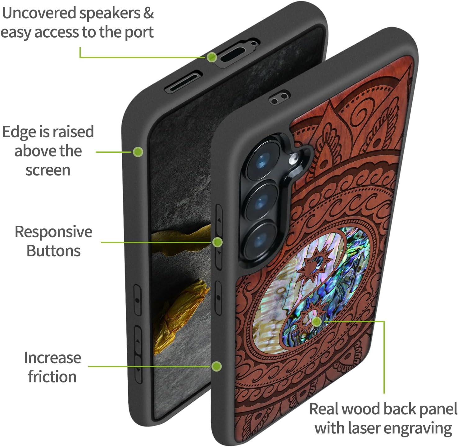 Carveit Designer Wooden Case for Samsung Galaxy S24 Plus Case [Wood Engraving & Shell Inlay] Compatible with Wireless Chargers S24 Plus Cover (Yin Yang Paisley-Rosy)
