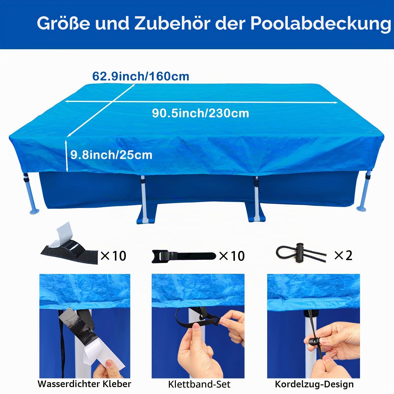 Rechteckige Poolabdeckung 220 x 150 cm für Oberirdische Pools aus 5-Schicht Reißbeständig PE Wasserdicht Sommer & Winter Pool Cover Easy Set für Rechteckiger Rahmen Pool