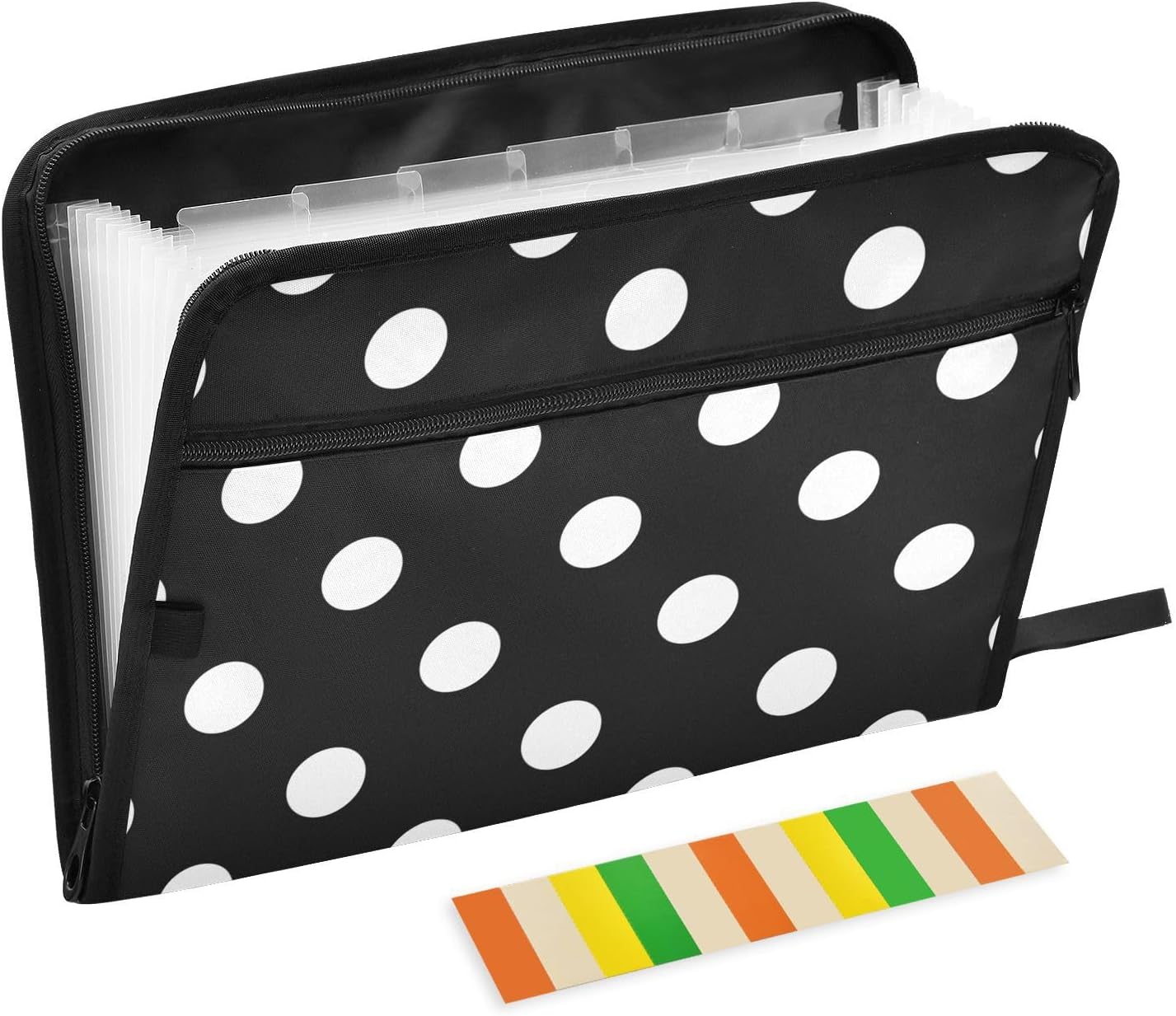 susiyo Accordion File Organizer with Labels, 13 Pockets Expanding File Folder with Front Pouch, Black and White Polka Dot Portable Waterproof Expandable Zipper Filing Organizer Letter Size