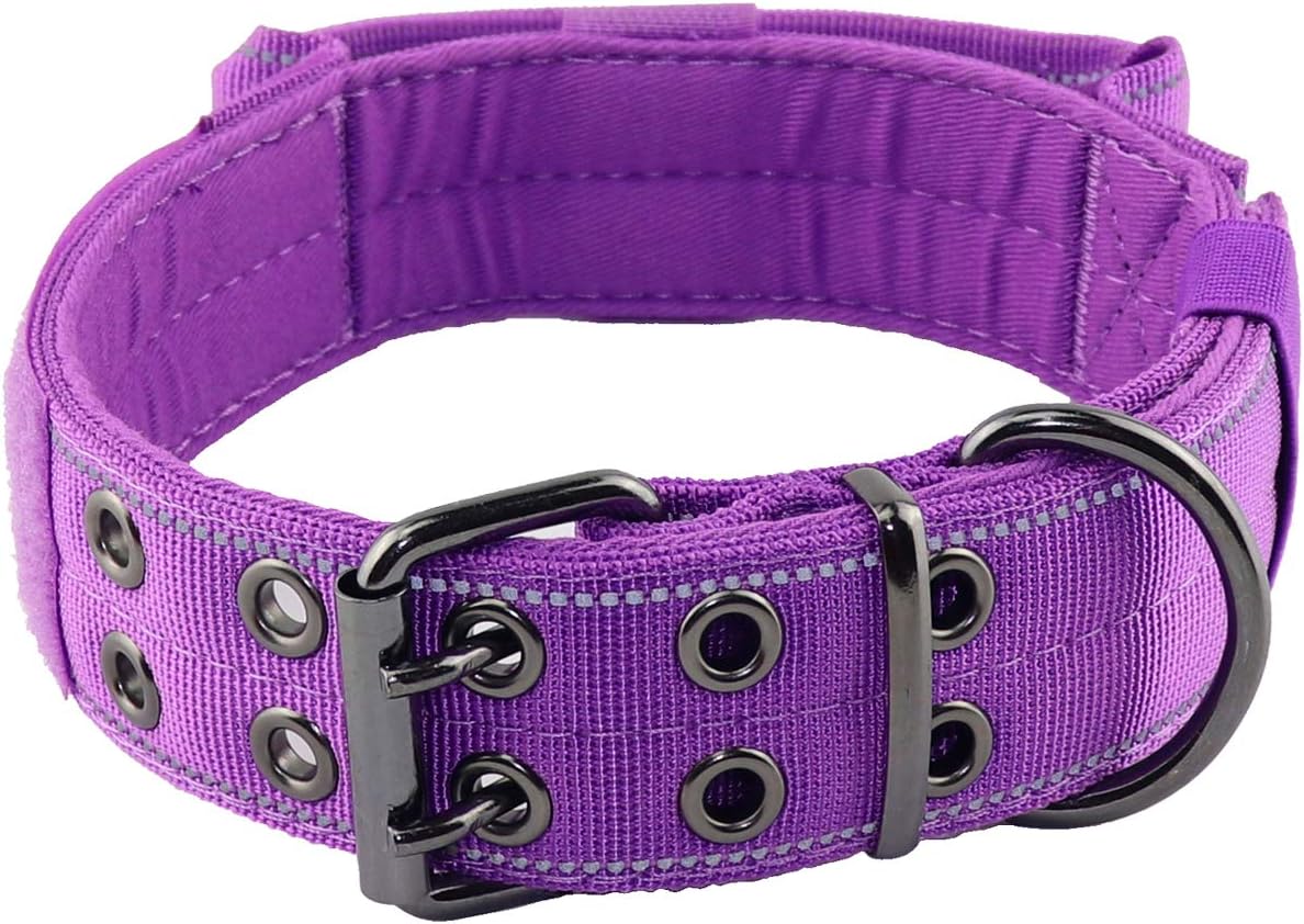 Reflective Dog Collar Heavy Duty Tactical with Control Handle and Metal Buckle for Dog Training(M,Purple)