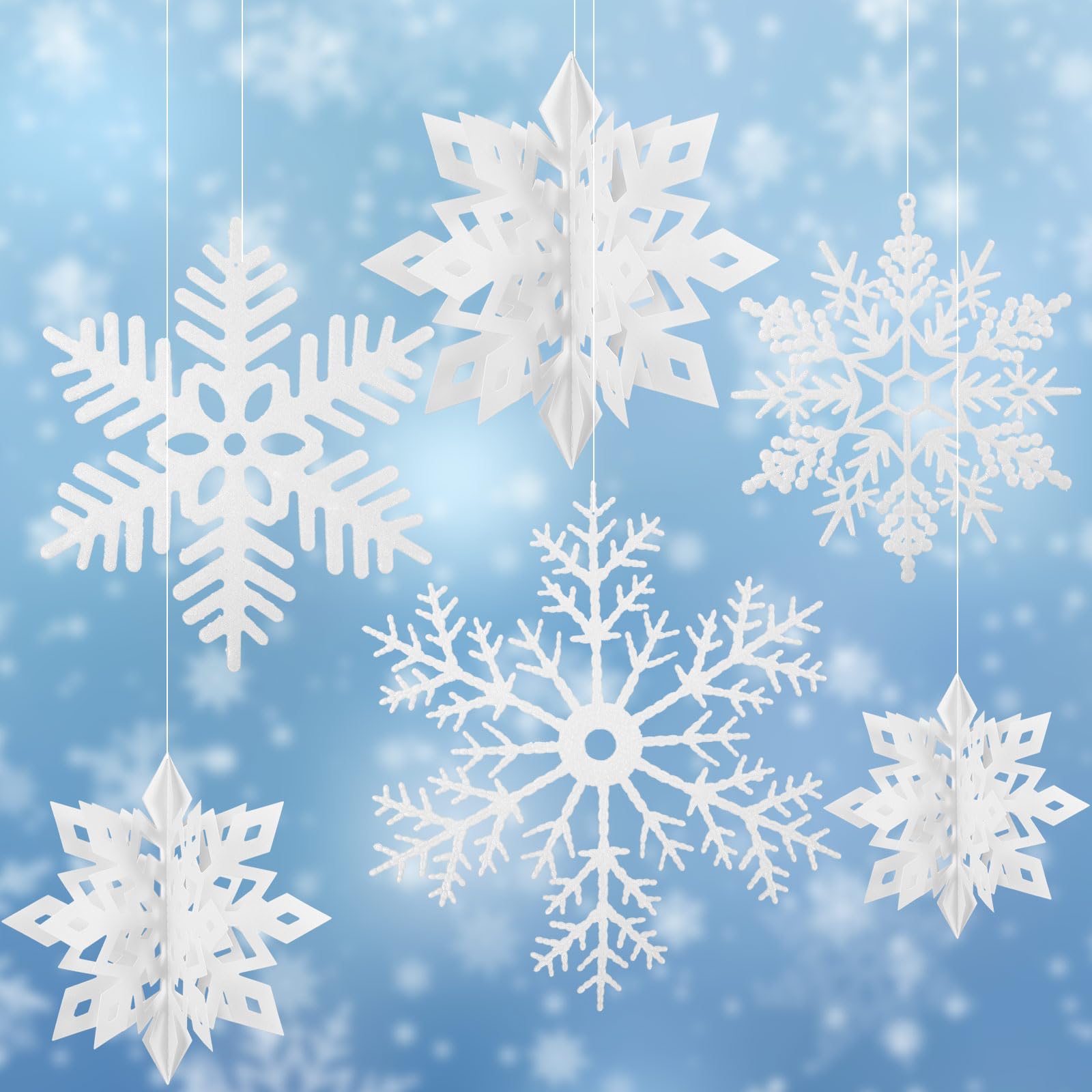 Hungdao Lot de 12 grandes décorations de Noël à suspendre en forme de flocon de neige 3D pailleté pour sapin de Noël, anniversaire, Nouvel An, 40,6 cm/30,5 cm/25,4 cm/17,8 cm/15,2 cm/15,2 cm (blanc)