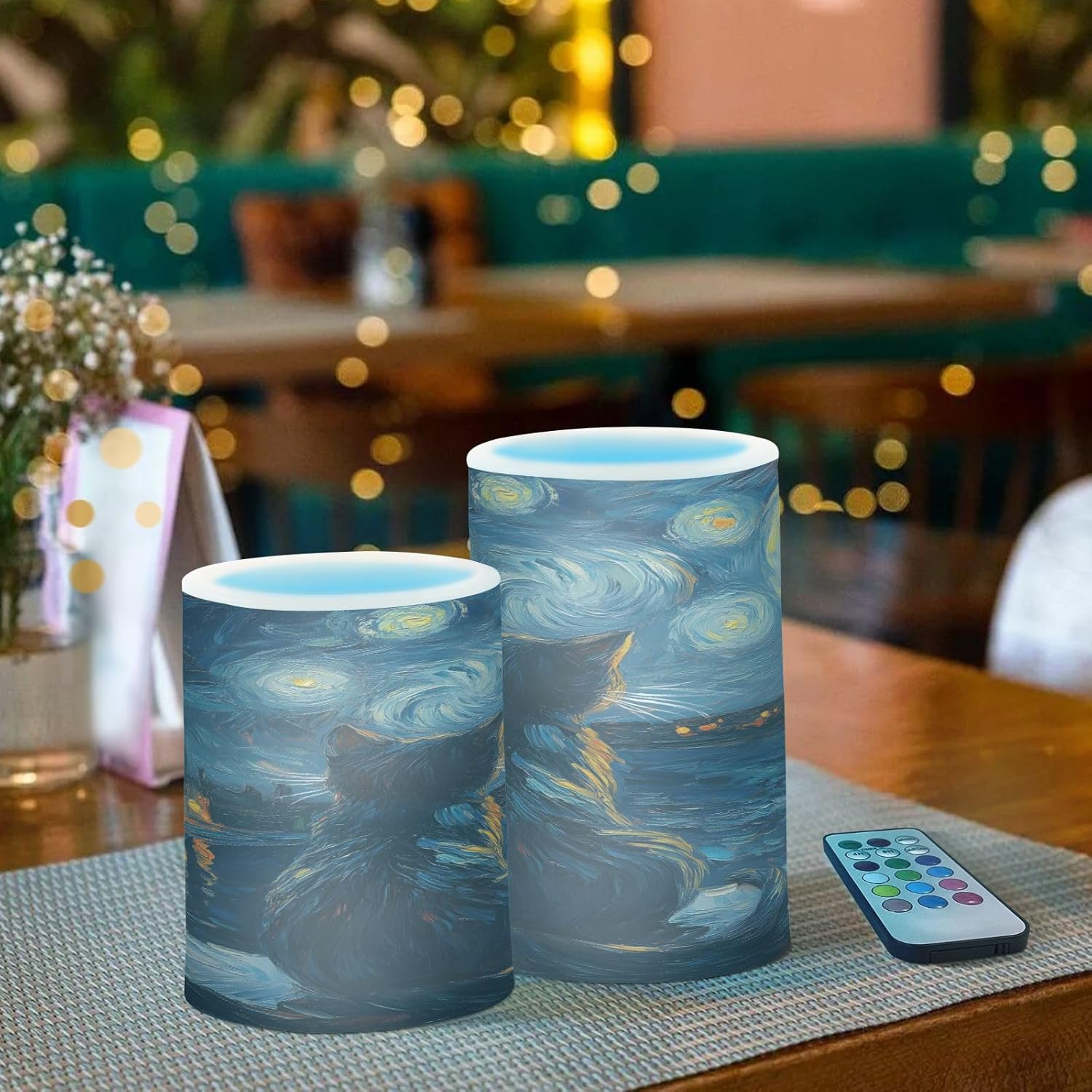 ALAZA Starry Night Cat Kitten Flickering Flameless Candles Pillar Led Candles Battery Operated Candles with Remote and Timers Set of 2