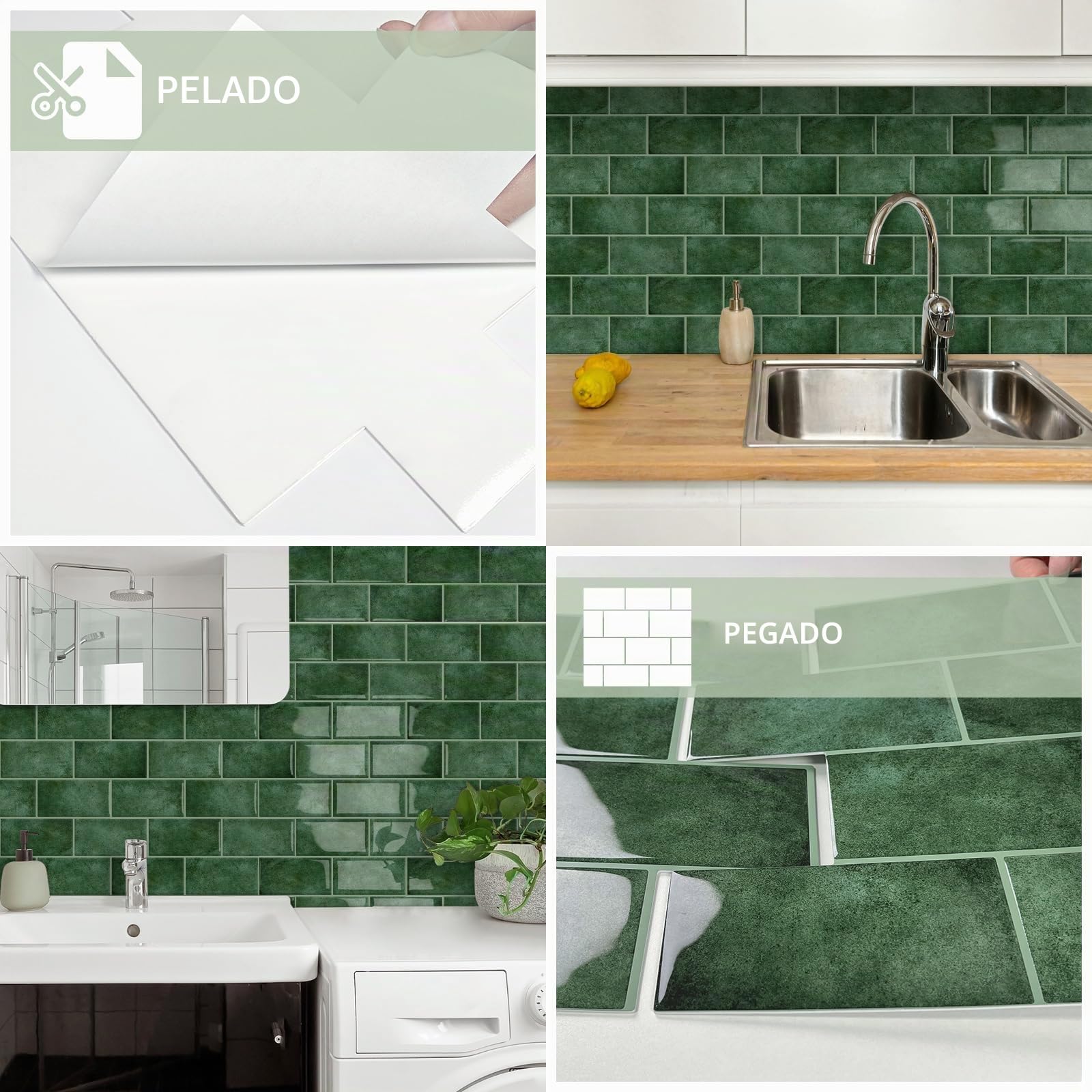 10-Piezas 3D Metro Adhesivo Grueso Azulejos Adhesivos Cocina | Autoadhesivos Vinilo Baldosas Azulejos Adhesivos, Baldosa Cuarto de baño Pared (Verde Claro,32 x 26.9CM)