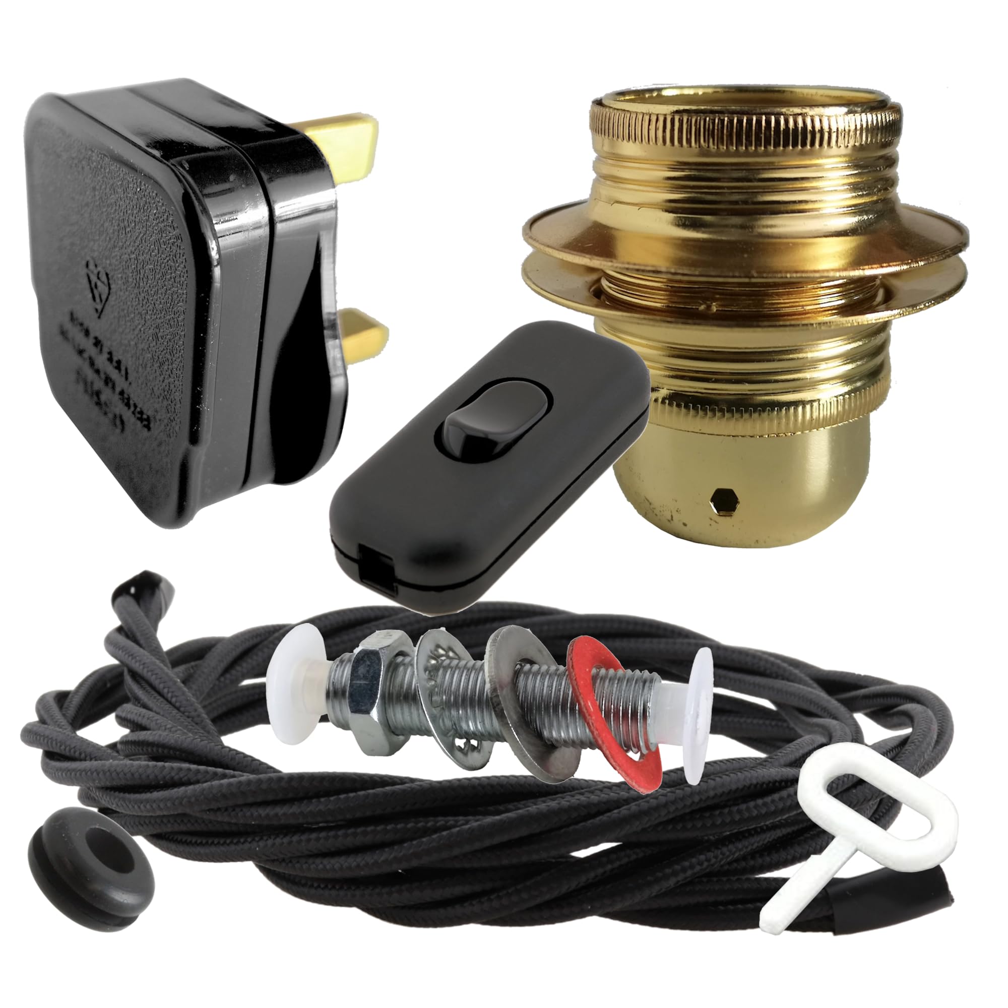 Art Deco Emporium Lamp Repair or Service Kit|Black Plug, Flex and Switch|E27 Brass Finish Lamp Holder