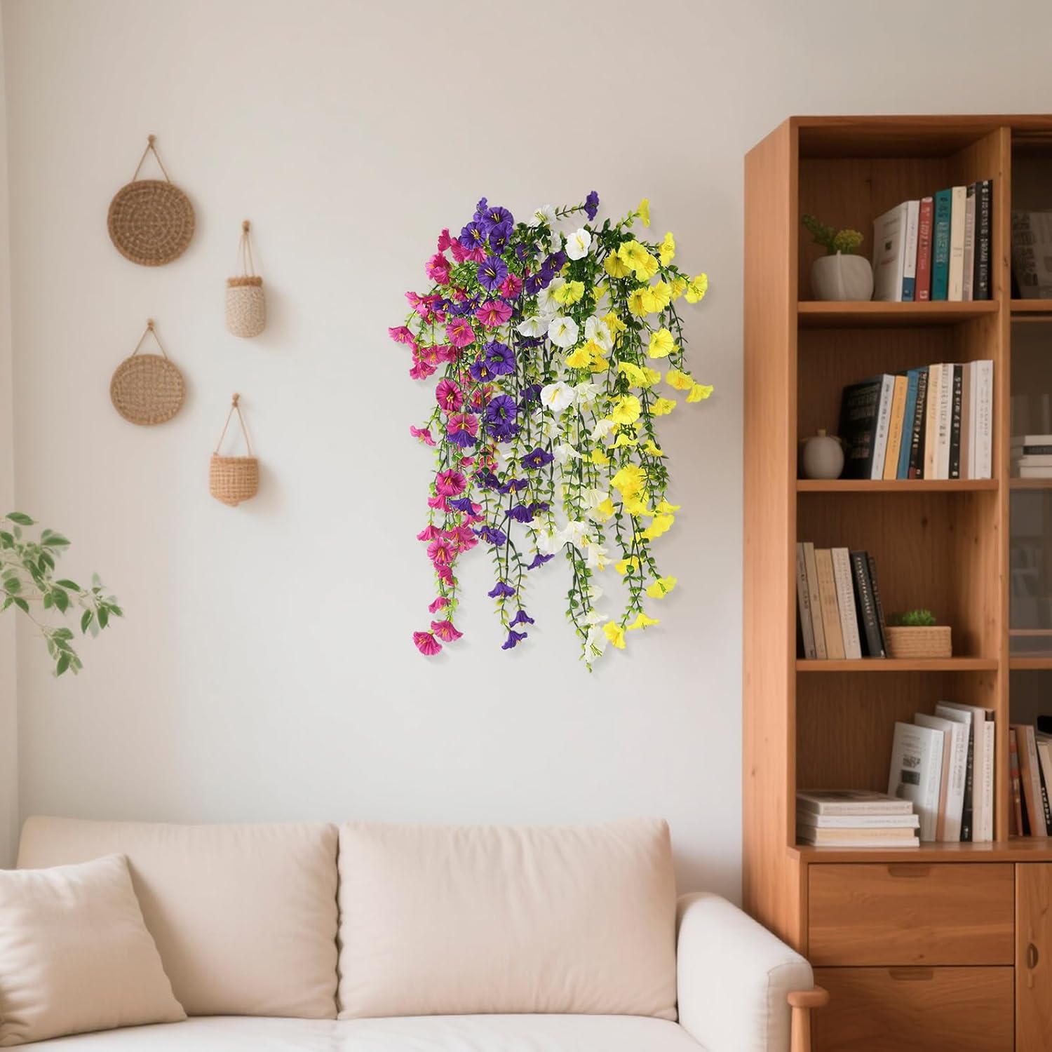 Homsunny Artificial Fake Hanging Flowers Plants Baskets for Outdoor Spring Decoration, Faux Morning Glory Silk Flower for Outside Realise UV Resistant Patio Yard Balcony Porch Home Decor (Mixed 2)