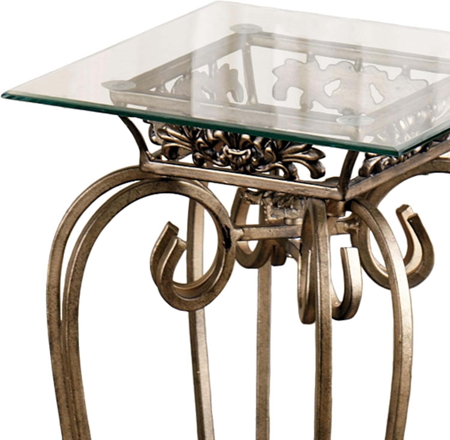 Touch of Class Chalcedony Metal Scroll Pedestal Table - Beveled Glass - Antique Gold - Made of Iron - Square Shaped Top - Elegant Style - Accent Furniture for Bedroom, Living Room, Desk