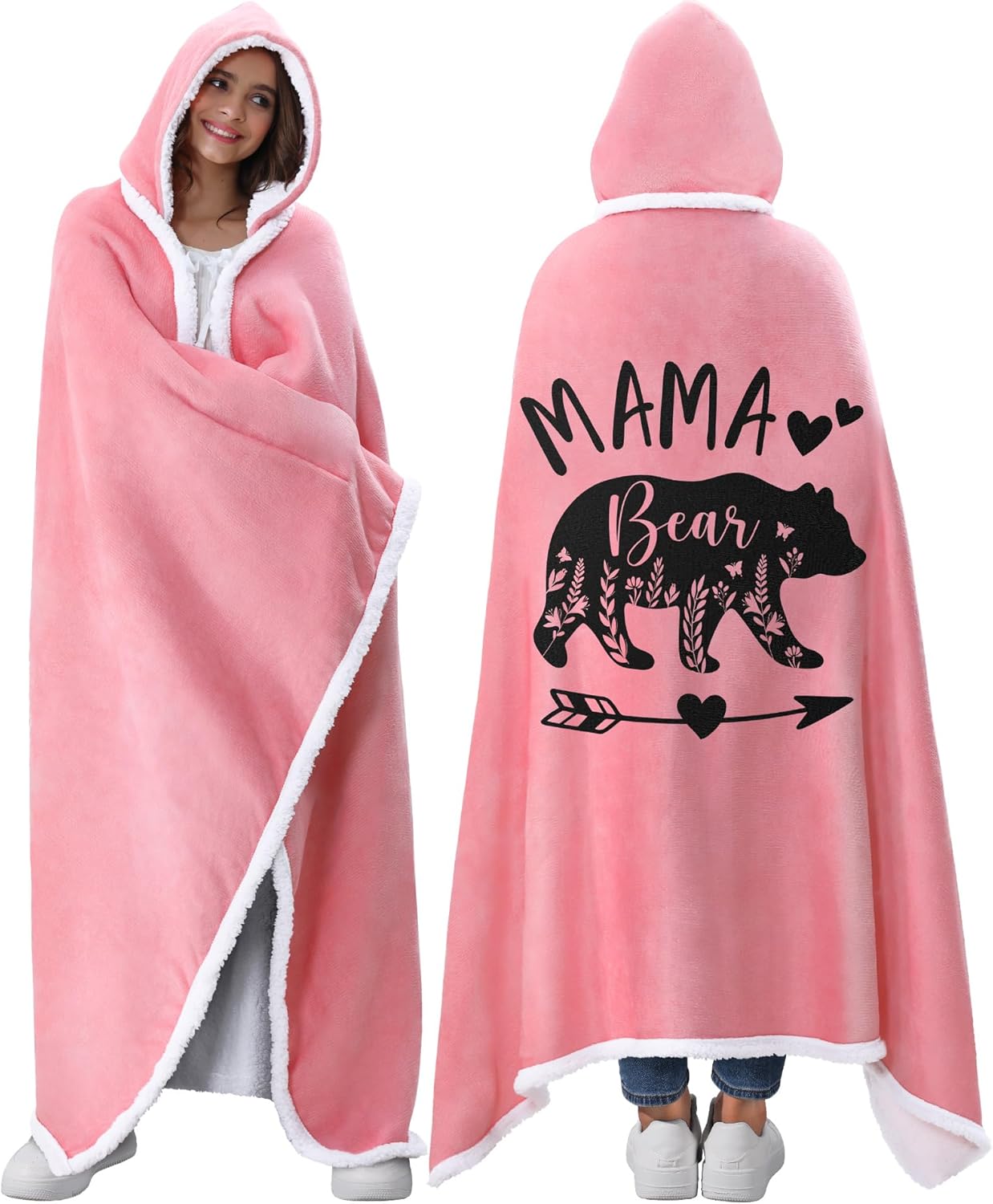 Mom Valentines Day Gifts from Daughter Son Kid, Cozy Mama Bear Wearable Blanket Hoodie Sherpa Fleece Pink Gift, Unique Birthday Gifts for Moms Mother In Law New Mama Wife, Best Mom Ever Gift for Women