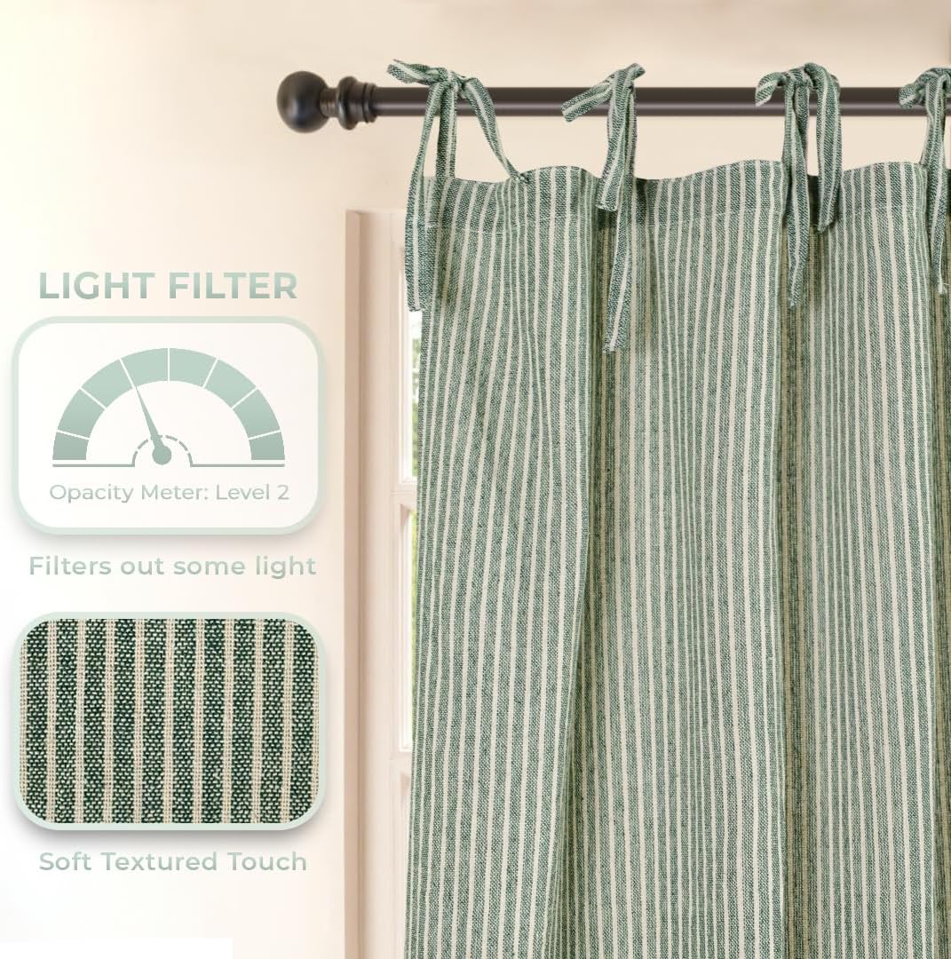THE ART BOX Gauze Striped Curtains, Boho Linen Gauze Tie Top Hanging Curtains 2 Panel Set, Light Filtering Door Window for Bedroom/Living Room Home Décor Green on White (L96”xW42” Each Panel)