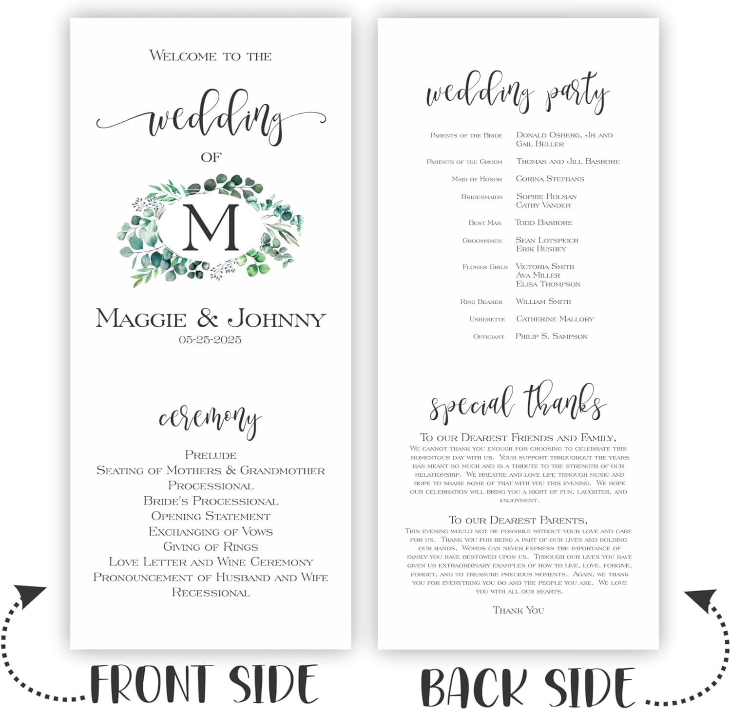 Personalized Printed Wedding Programs, Set of 20 Wedding Menu, Modern Wedding Programs, Simple Program, Wedding Program Cards, Vow Renewal, Birthday, Shower, Quinceanera, Party, Made in USA (oval wreath)
