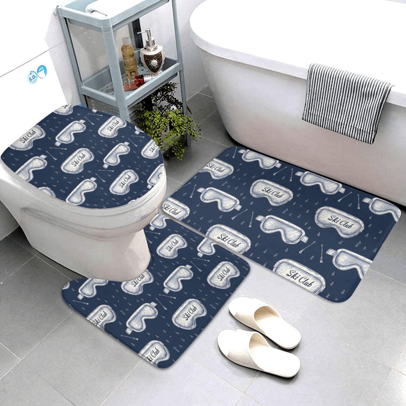 Lot de 3 tapis de salle de bain bleu marine imprimé ski avec contour U