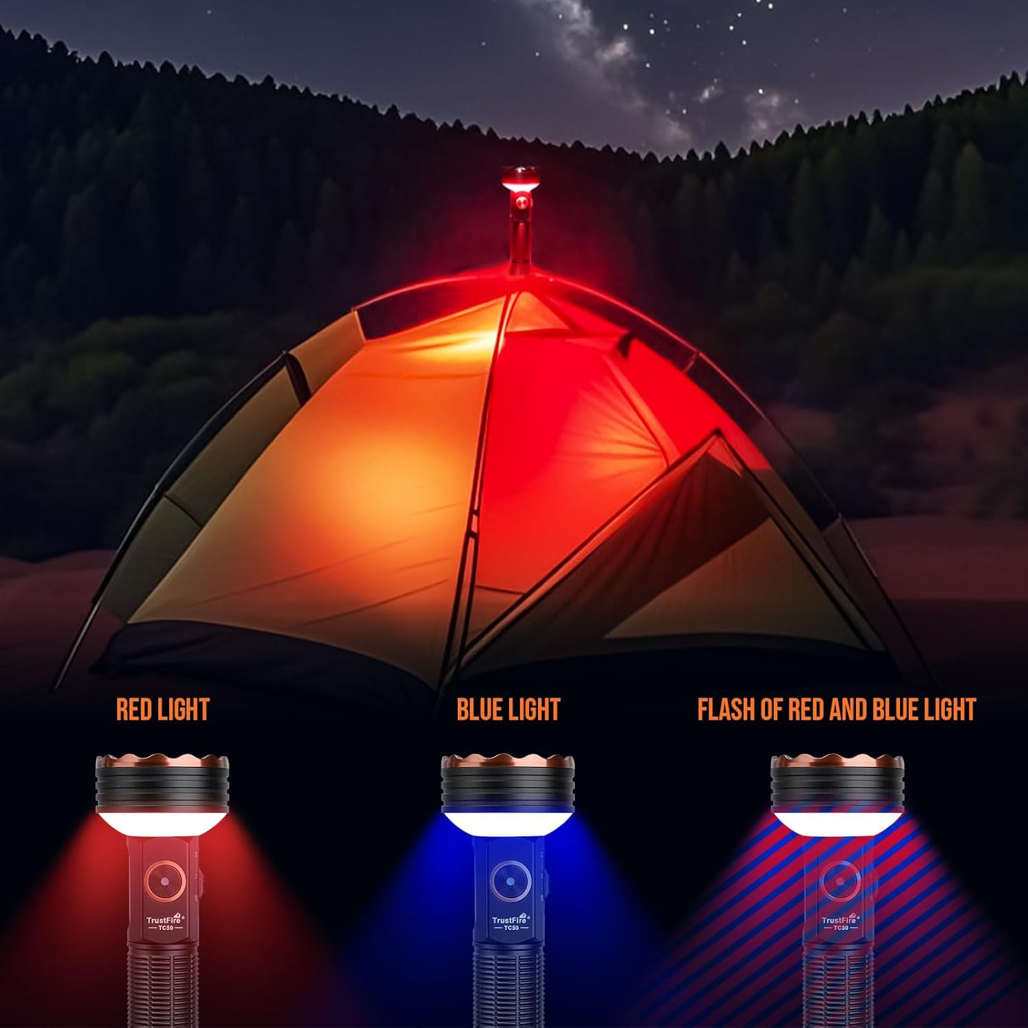 TrustFire TC50 flashlight emitting red light, suitable for night vision preservation or signaling.