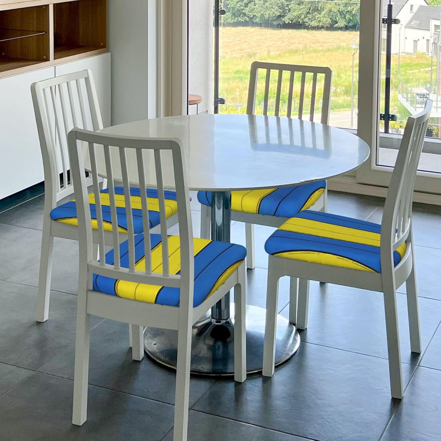 Yellow and Blue Stripes Print Square Cushion Covers 6 Pcs Set Elastic Non-Slip Seat Cushion Slipcovers Pet Furniture Protectors for Chair, Sofa