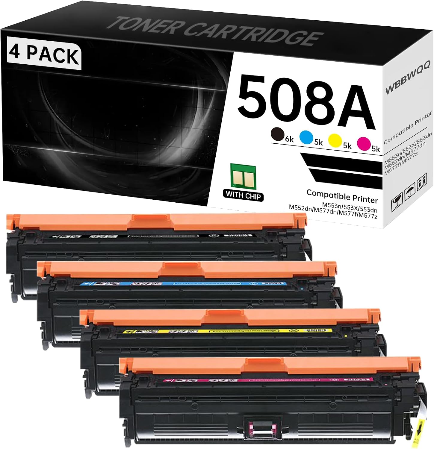 508A & 508X Compatible Toner Cartridge Set (4-Pack) - Compatible with HP M553n, 553X, 553dn, M552dn, M577dn, M577f, M577z Enterprise Printers, CF360A/CF361A/CF362A/CF363A (BK/C/M/Y