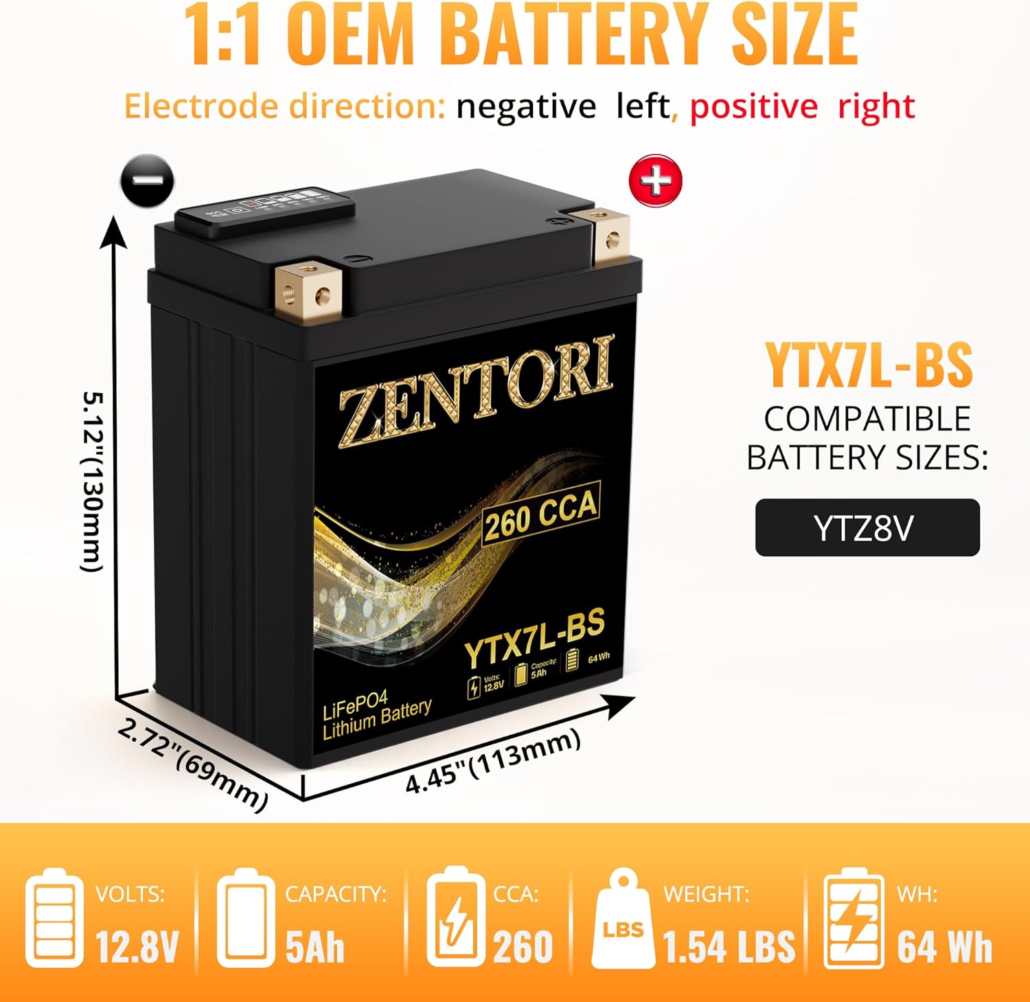 YTZ7S / YTX7L Lithium LiFePO4 Motorcycle Battery,12.8 V 5Ah,260CCA Replaces YTX7L-BS CTX7L-BS GTX7L-BS YB7L-BS, for Motorcycle ATV UTV Jet Ski