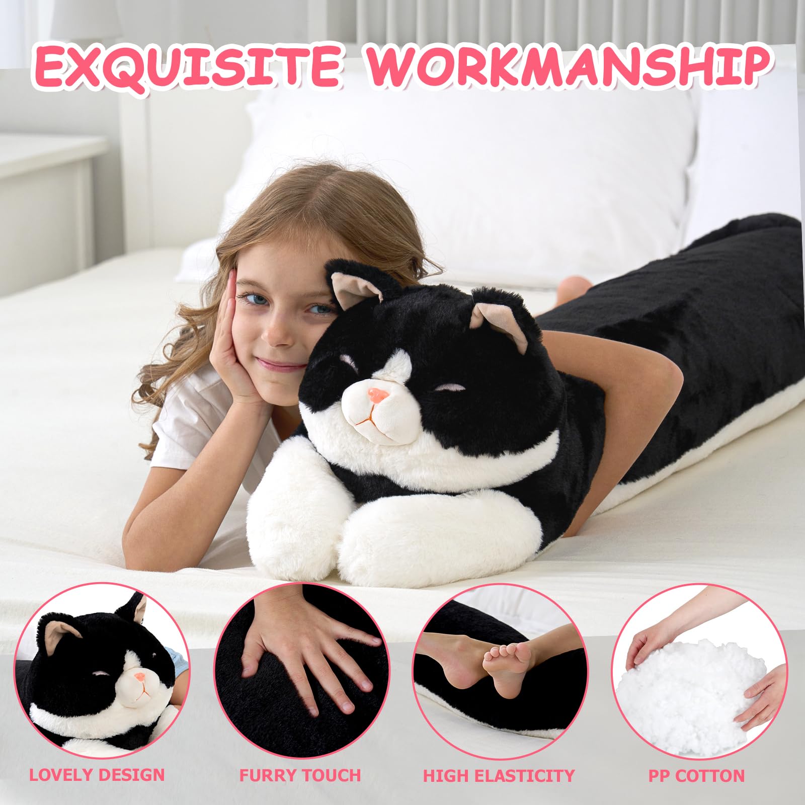 Dalmao Gato de peluche blanco y negro de 120 cm de alto, largo como cojín de abrazo/cuerpo, peluche suave para niños y adultos