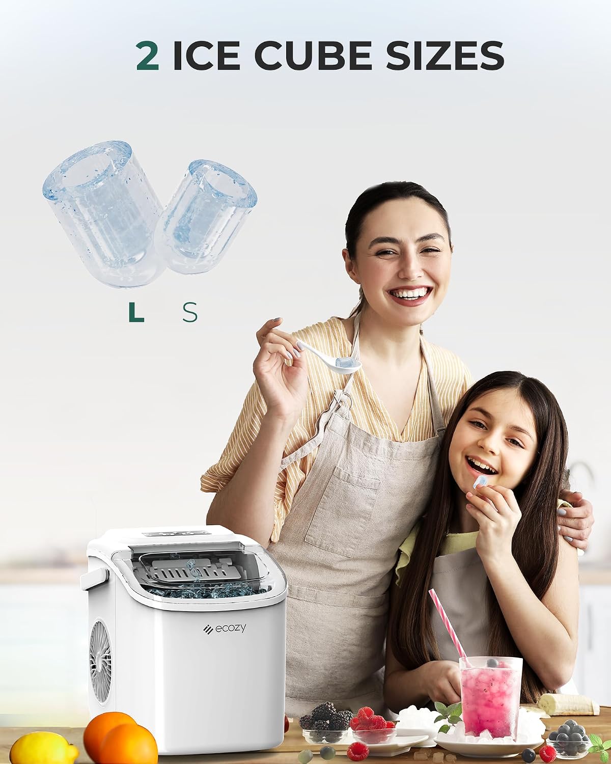 A woman and a child smiling, with two different ice cube sizes (L and S) shown above them.
