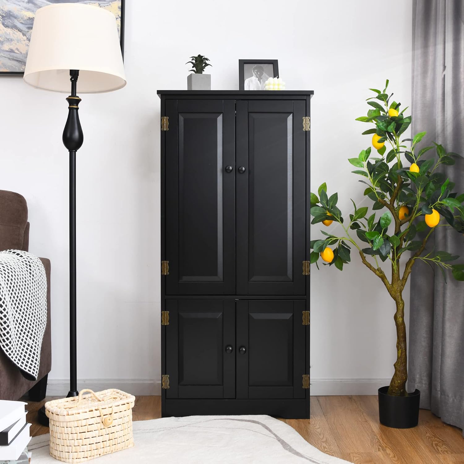 LOKO Kitchen Pantry Storage Cabinet, Modern Kitchen Cupboard with Adjustable Shelves and Anti-toppling Device, Multifunctional Floor Cabinet, 24 x 13 x 48.5 inches (Black)