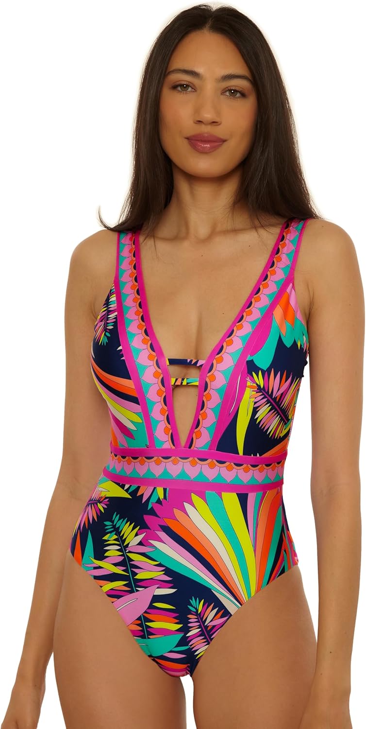Trina Turk Women's Paralia Plunge One Piece Swimsuit, Adjustable, Bathing Suits for Women