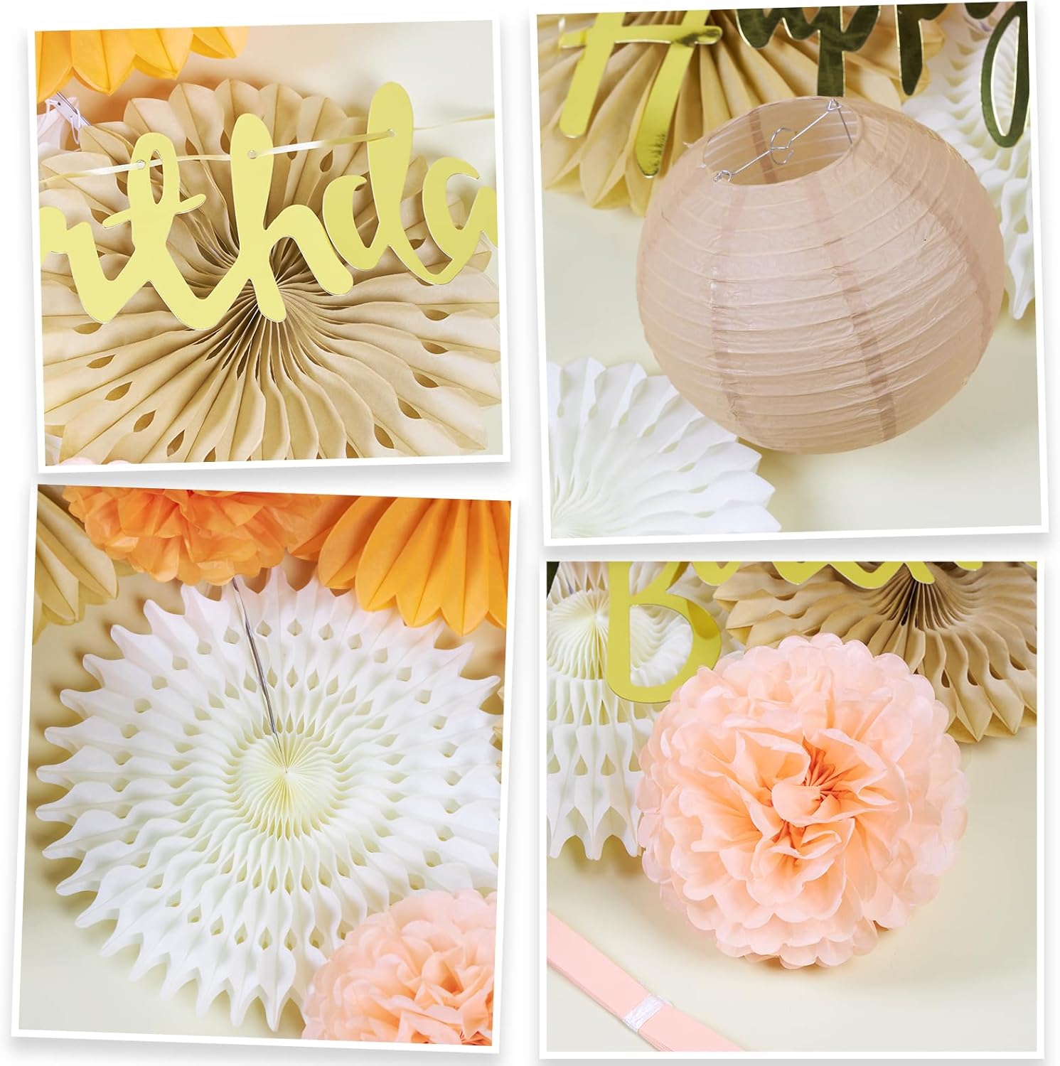 SUNBEAUTY Orange Birthday Party Decorations for Girls Women with Happy Birthday Banner Fall Hanging Paper Fans Tissue Pom Poms Lanterns for Thanksgiving Harvest Friendsgiving Autumn Wedding Decor - Image 3