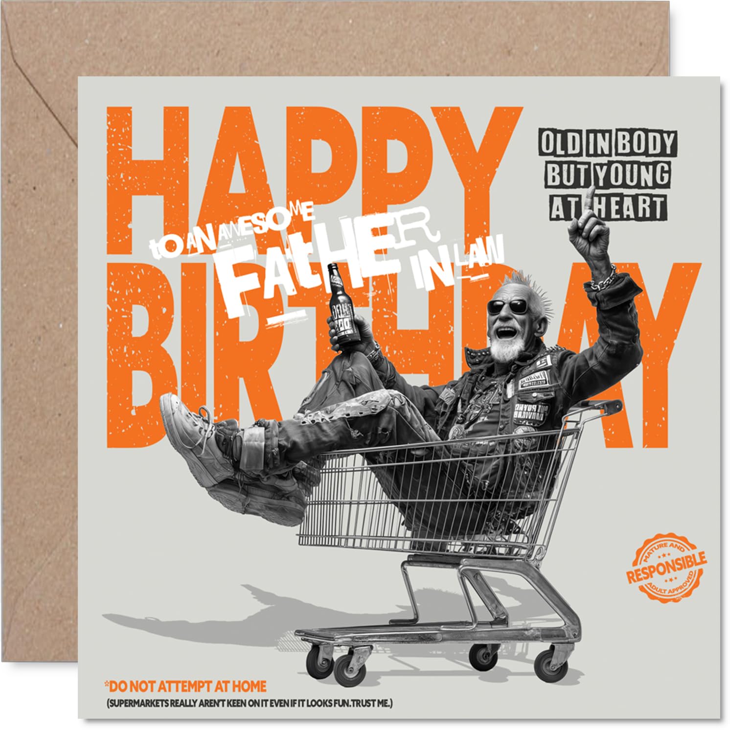 Funny Birthday Card for Father in Law - Rebellious Birthday Banter - Shopping Trolley Joyride Motif with a Tongue-in-cheek Warning - 145mm Square, Envelope Included