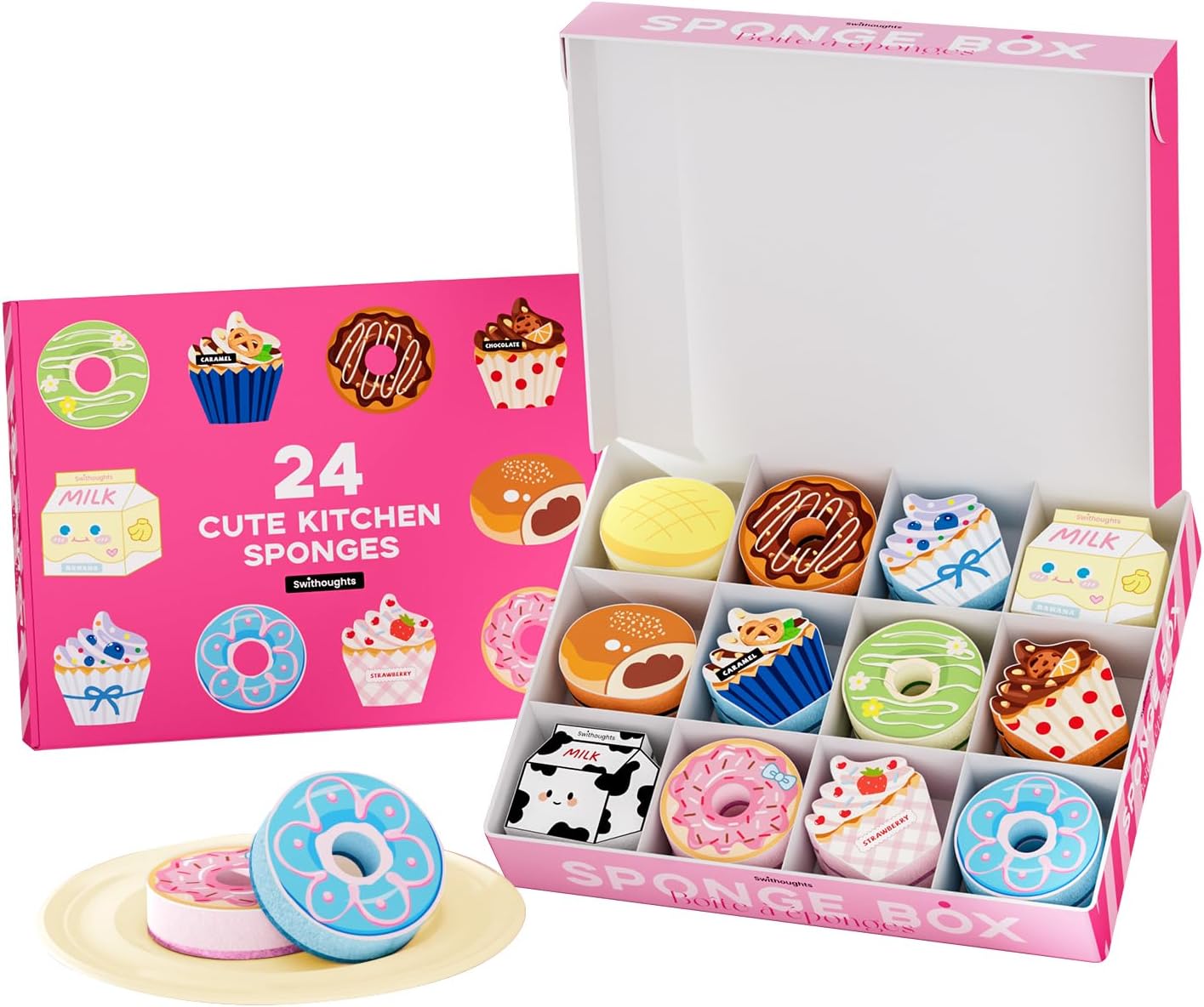 24-Piece Dessert-Shaped Kitchen Sponge Set, Double-Sided Scrub Sponges for Dishes, Sink & Bathroom - 12 Adorable Designs (2 Each) in Gift Box (Ideal Present)