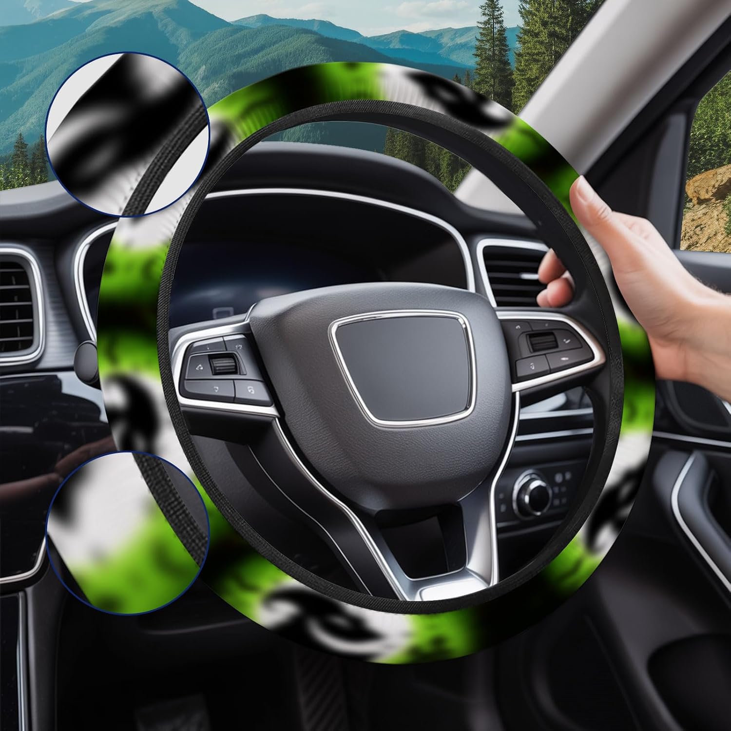 GENANY Horror Car Interior Accessories Set, Green Sack 15 Inch Steering Wheel Cover & 2 Pcs Front Seat Covers for Car Truck SUV, Spooky Halloween Decor Bundle