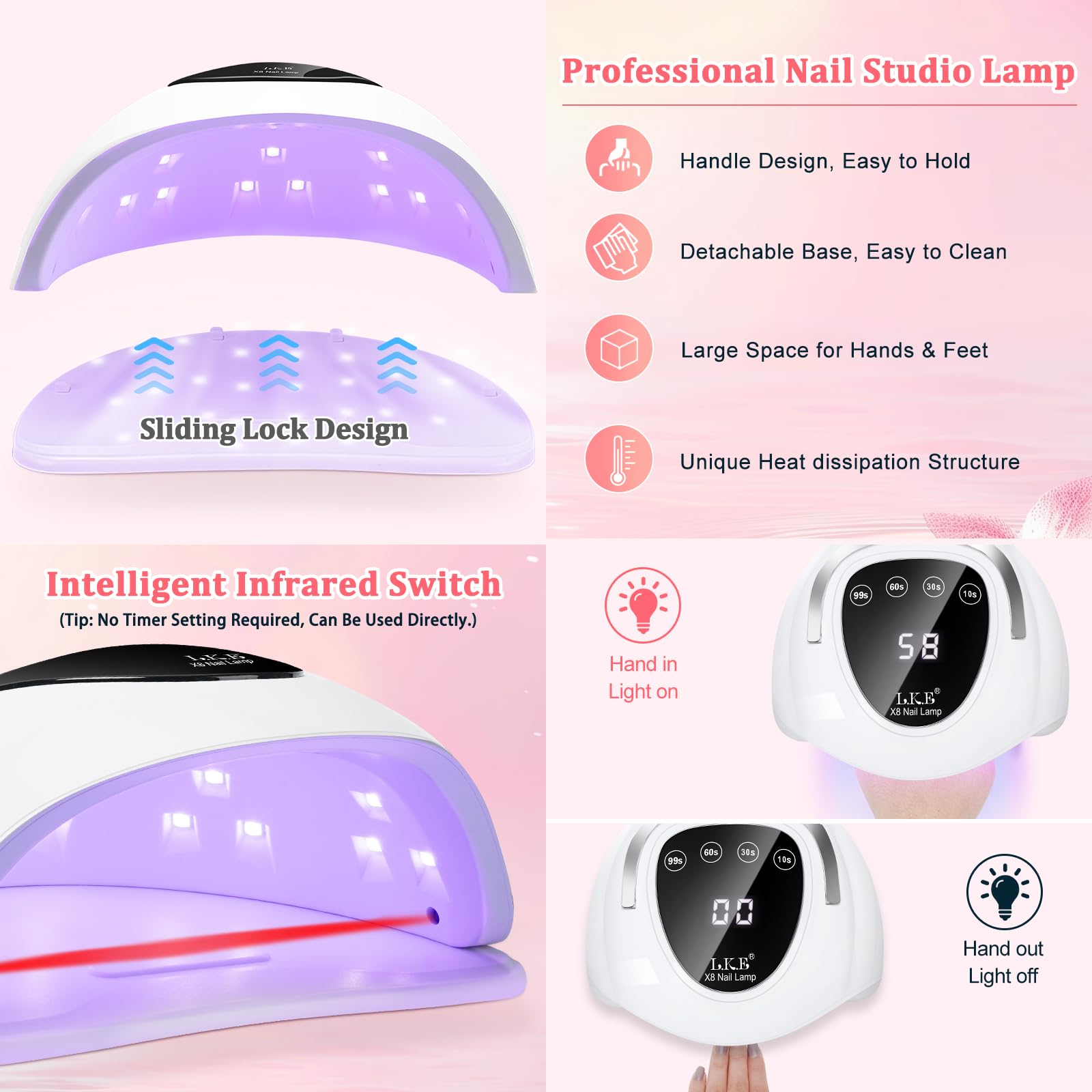LKE UV Lampe für Gelnägel 168W led lampe nägel UVs Lampes Nägel mit 4 Timer LCD Display Smart Sensor Premium Nageltrockner UV LED Lampe für Nägel Professionelle Nagellampe für Zuhause & Nagelstudio