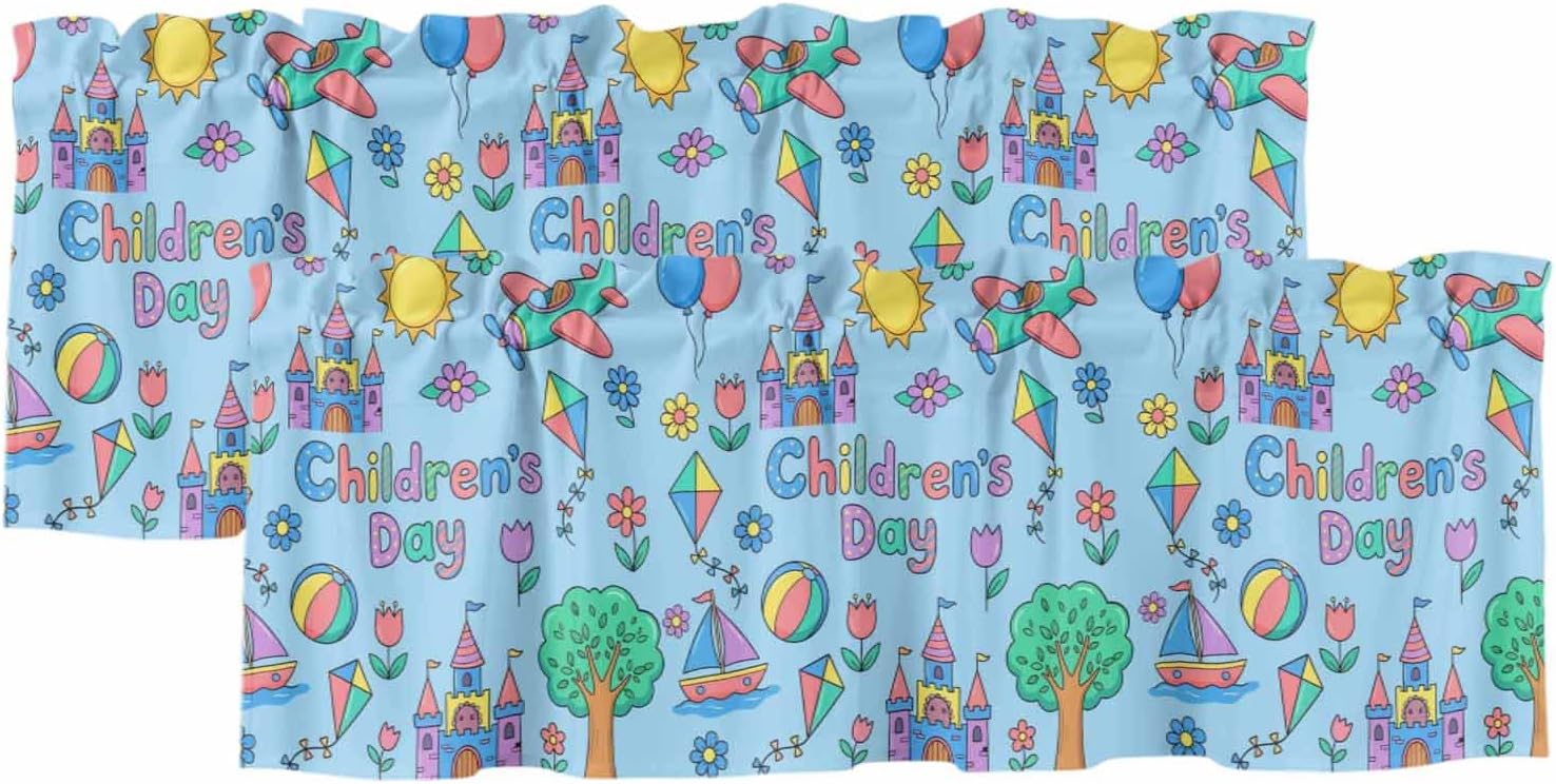 Valances for Windows, Children's Day Valance Curtains Blackout Drapes for Kitchen/Bathroom/Cafe, Airplanes Sailing Boats Tree Cartoon Blue Rod Pocket Window Toppers Valances 2 Pack Clearance 42''x12''