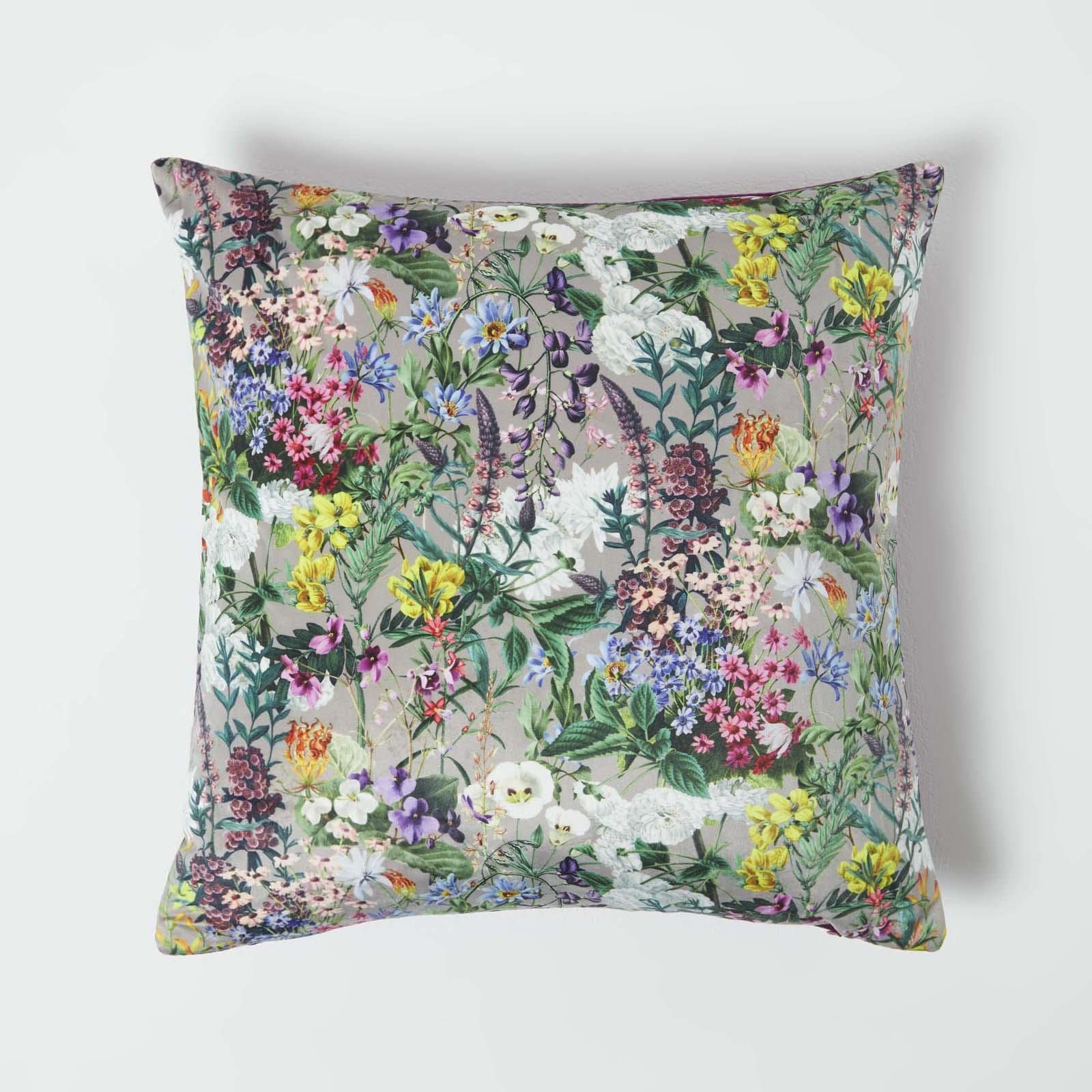 HOMESCAPES Yellow Green & Purple Reversible Velvet Floral Cushion 46 x 46 cm Filled Decorative Throw Pillow with Botanical Flower Design Cushion Insert Included