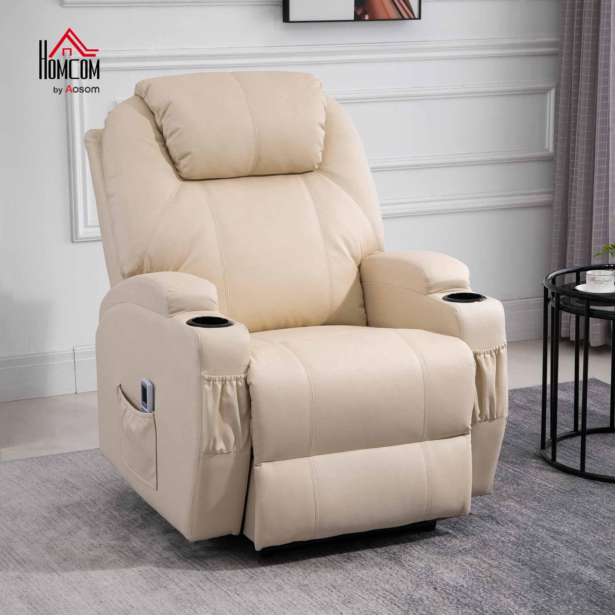 HOMCOM elektrischer Massagesessel Relaxsessel Fernsehsessel Massagefunktion Liegefunktion Kunstleder Holz Metall Schaumstoff Beige 82 x 97 x 110 cm