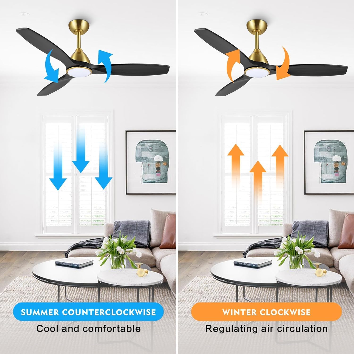 Reversible DC motor function showing summer counterclockwise for cooling and winter clockwise for air circulation
