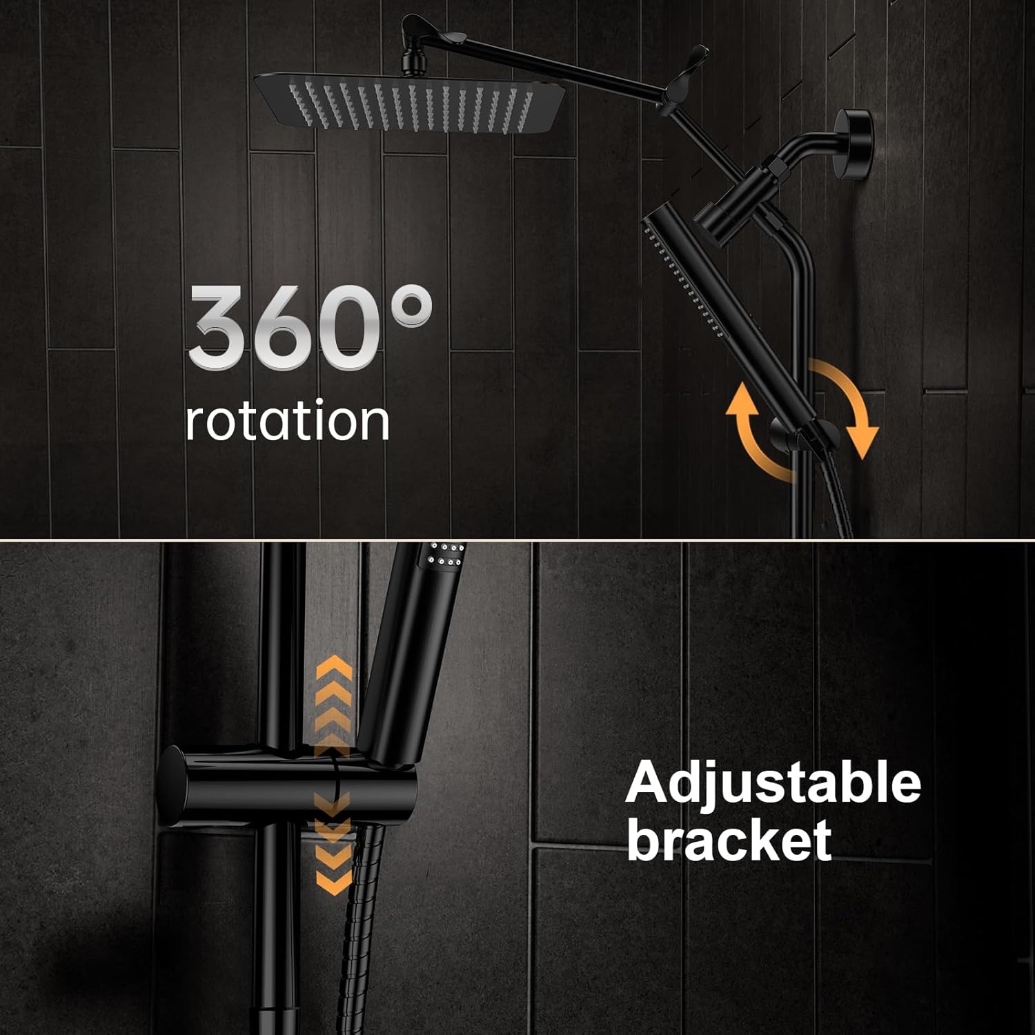 Veken All Metal 10" Black Shower Head with Handheld, Luxurious Square Double Rain Shower Heads with Power Wash Hand Held,Dual High Pressure Detachable Rainfall Showerhead with Arm,Bathroom,Matte Black