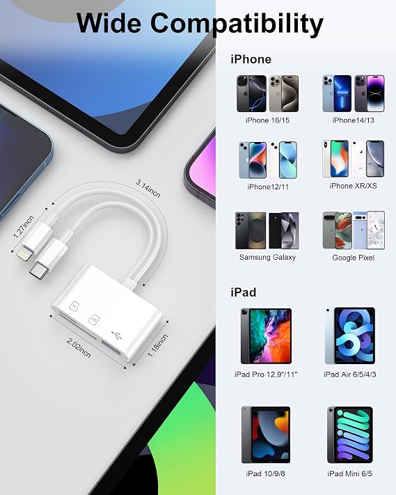 SD Card Reader for iPhone, iPad, Memory SD Card Reader USB C&Lightning Port