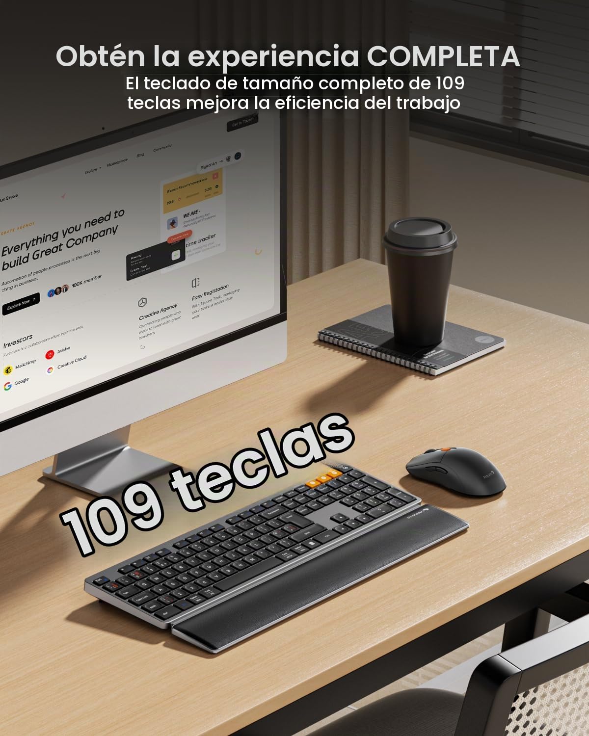 ProtoArc Teclado y mouse inalámbricos Bluetooth, teclado KM60 de tamaño completo con reposamuñecas, recargable, 2.4 GHz + Bluetooth dual, para laptop, PC, Mac, Windows, diseño QWERTY UK, gris espacial