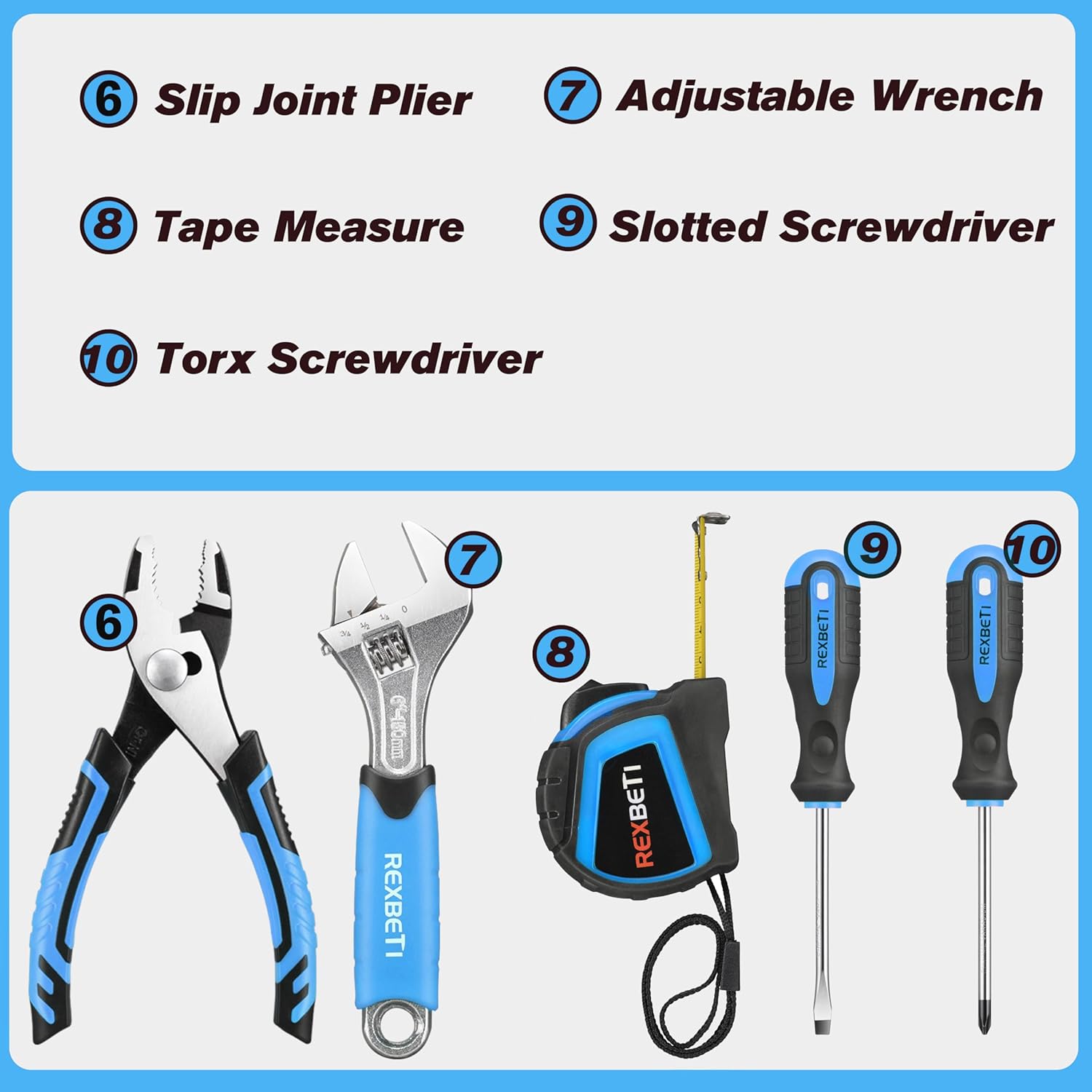 REXBETI 10-Piece Kids Tool Set with Real Hand Tools, Blue Durable Storage Bag, Children Learning Tool Kit for Home DIY and Woodworking,6+ Years Old Birthday Gift