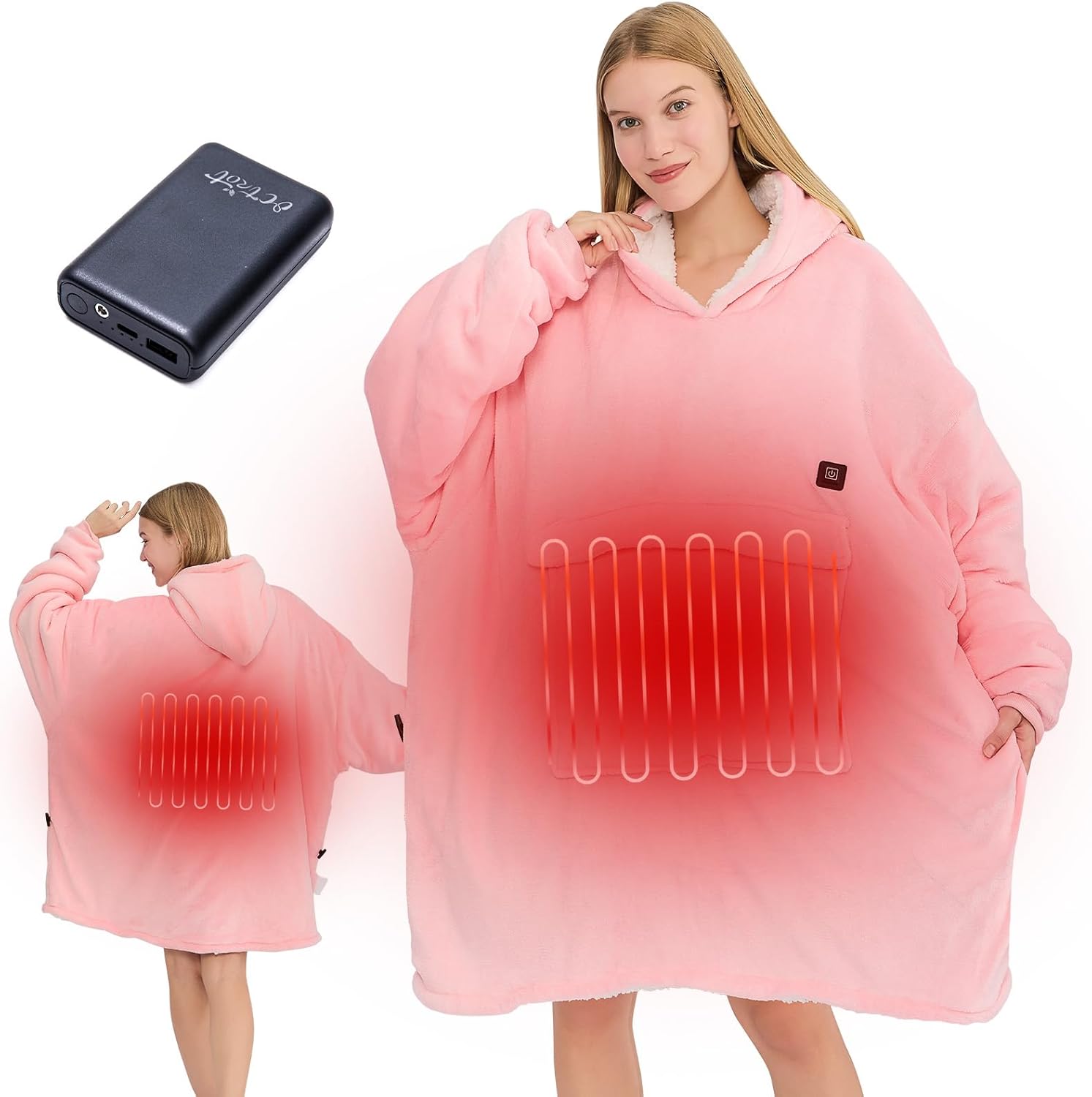 CYMULA Heated Hoodie Blanket, Wearable Heated Blanket Hoodie Oversized Portable Cordless Heating Wearable Blankets, 3 Heat Settings Electric Hooded Gifts for Women Men with Power Bank, Pink