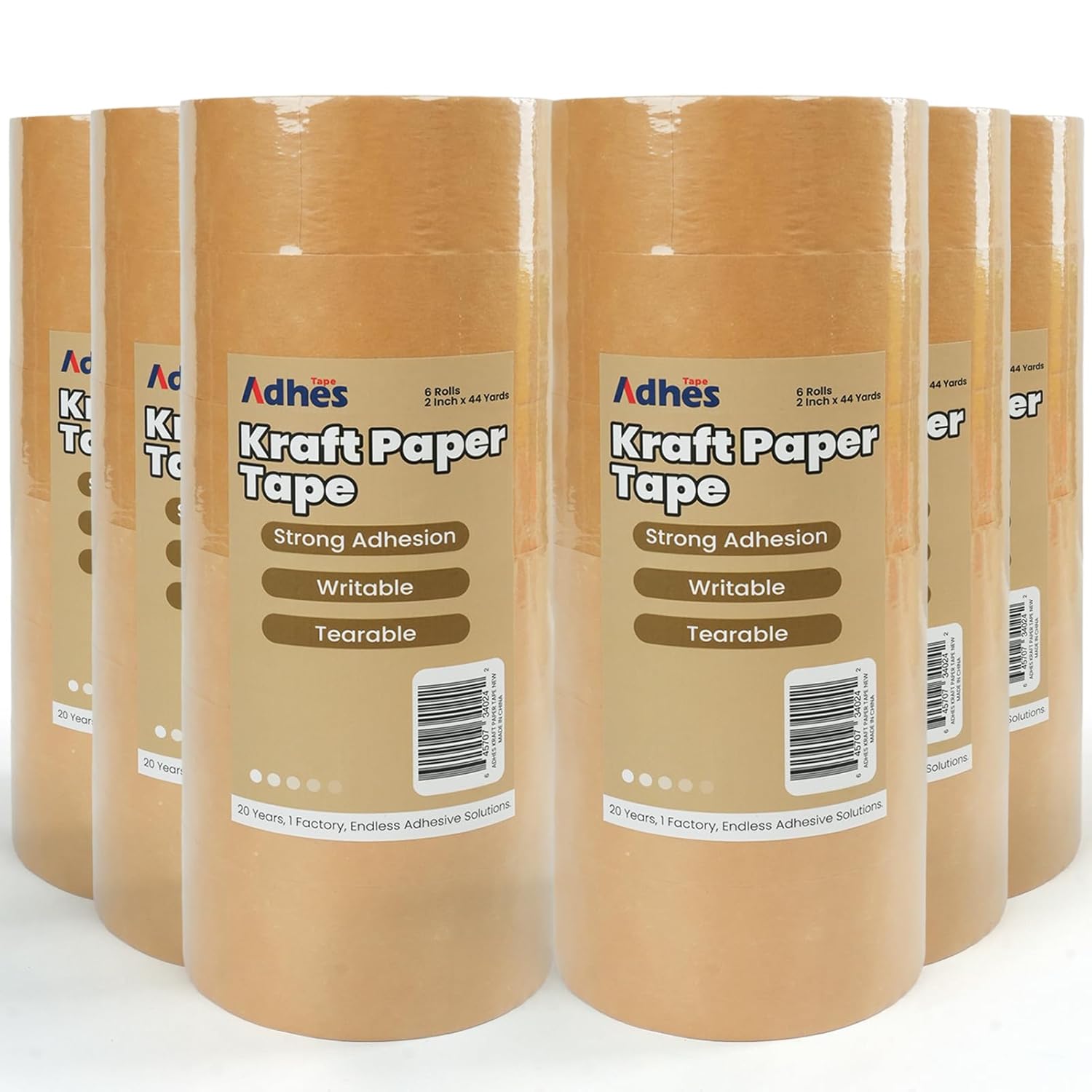 ADHES Kraft Paper Tape, 2 Inch x 44 Yards, 6 Rolls Writable & Uncoated Heavy Duty Paper Tape, Biodegradable Brown Packing Tape for Sealing, Packaging & Moving