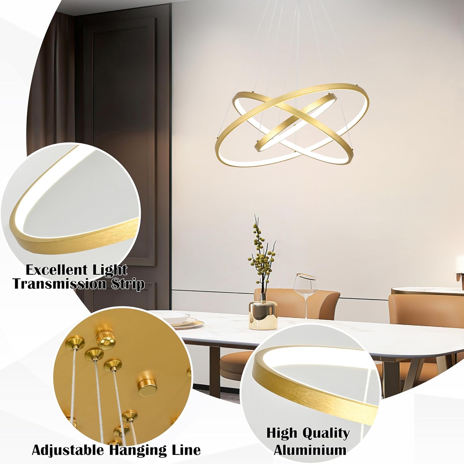 Modern Gold Led Chandelier 3 Rings Gold Dimmable LED Chandeliers Light Fixture for Kitchen Island Height Adjustable Chandelier Led Pendant Light for Dining Room Bedroom Living Room