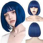 WERD Short Blue Bob Wig with Bangs,Straight Bob Blue Coraline Hair for Women, Dark Short Bangs Wig Synthetic Natural Looking for Party