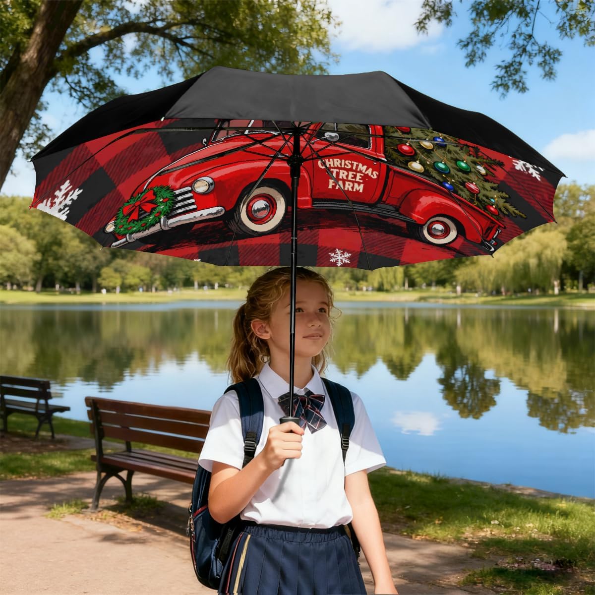 Christmas Tree Truck Snowflake Folding Umbrella Windproof Compact Lightweight Travel Umbrella with 8 Reinforced Ribs, Portable UV Sun & Rain Protection for Men & Women